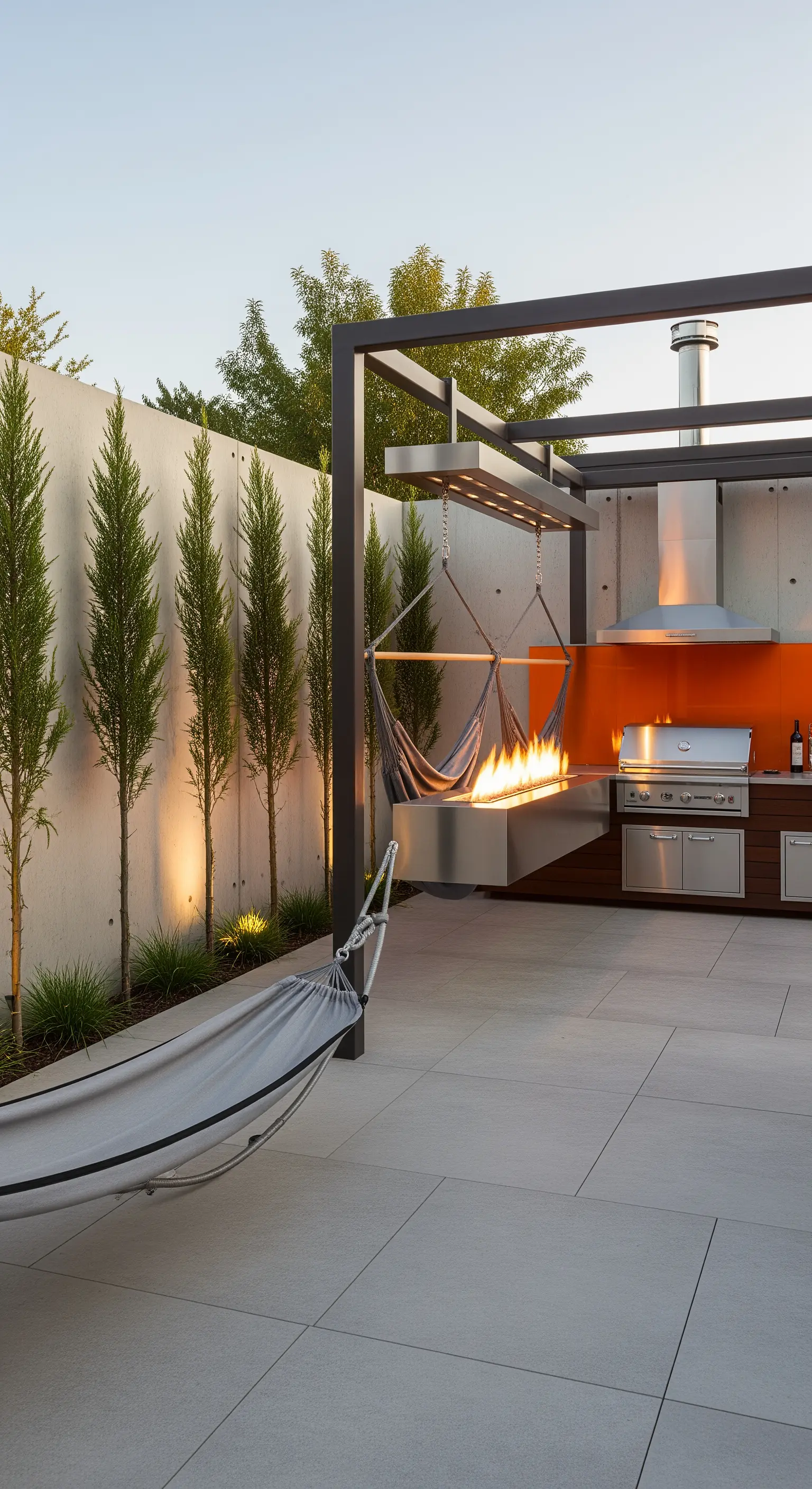Patio moderno con braciere sospeso, cucina esterna in acciaio e amache grigie.
