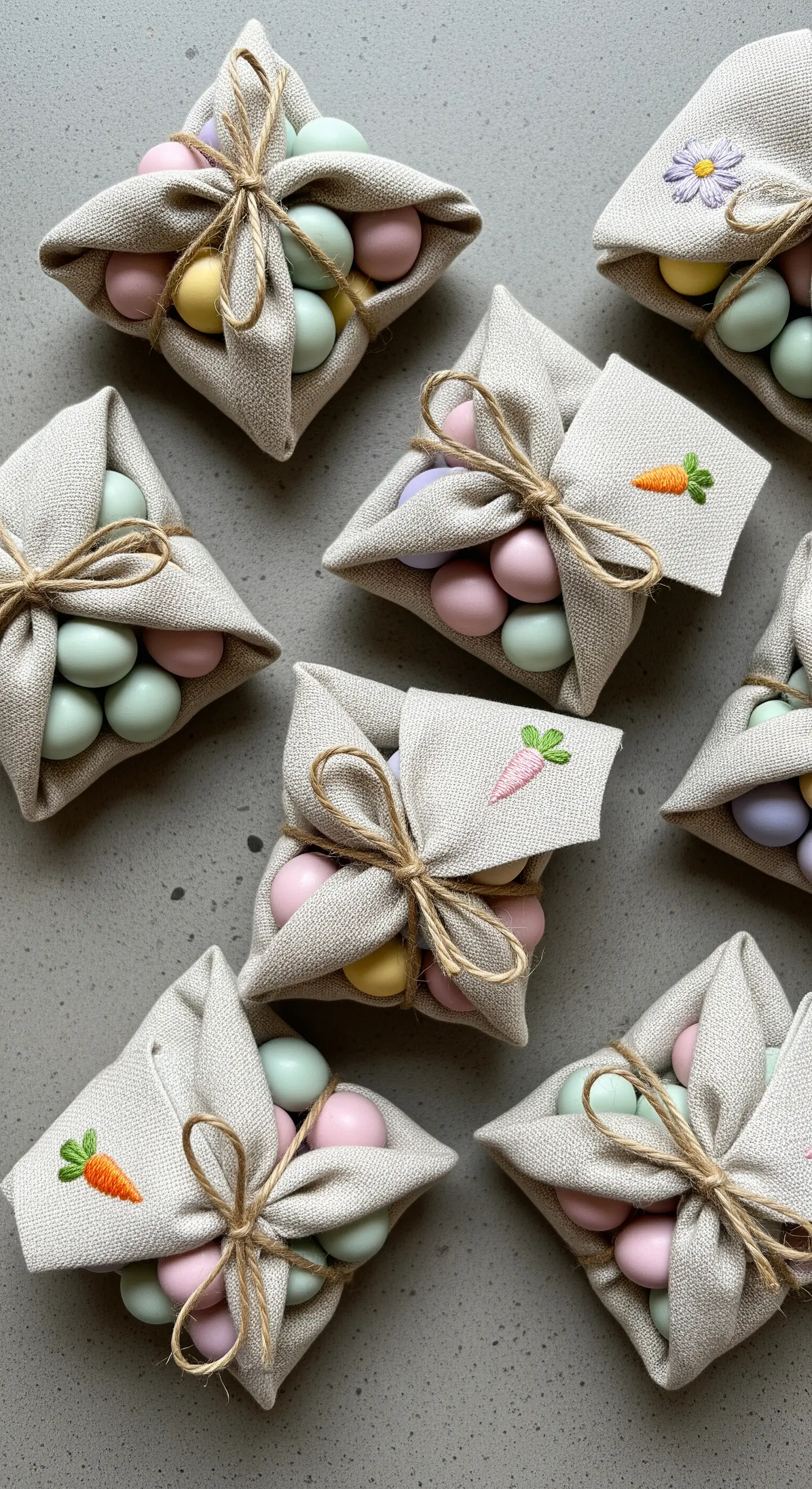 Fagottini di lino in stile Furoshiki con ovetti e tag ricamato.