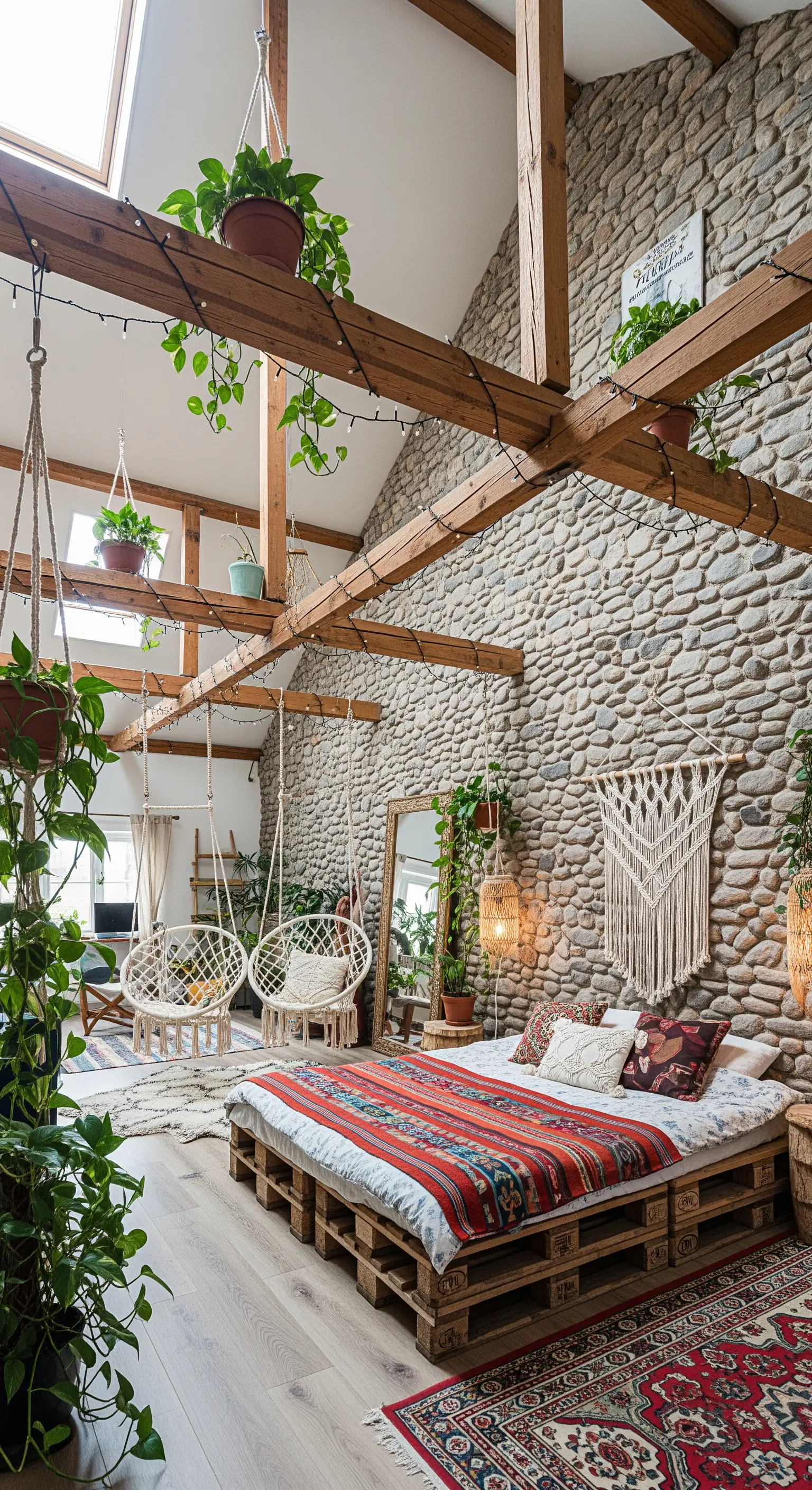 Camera da letto bohemien con letto su pallet, piante rampicanti e sedie sospese.