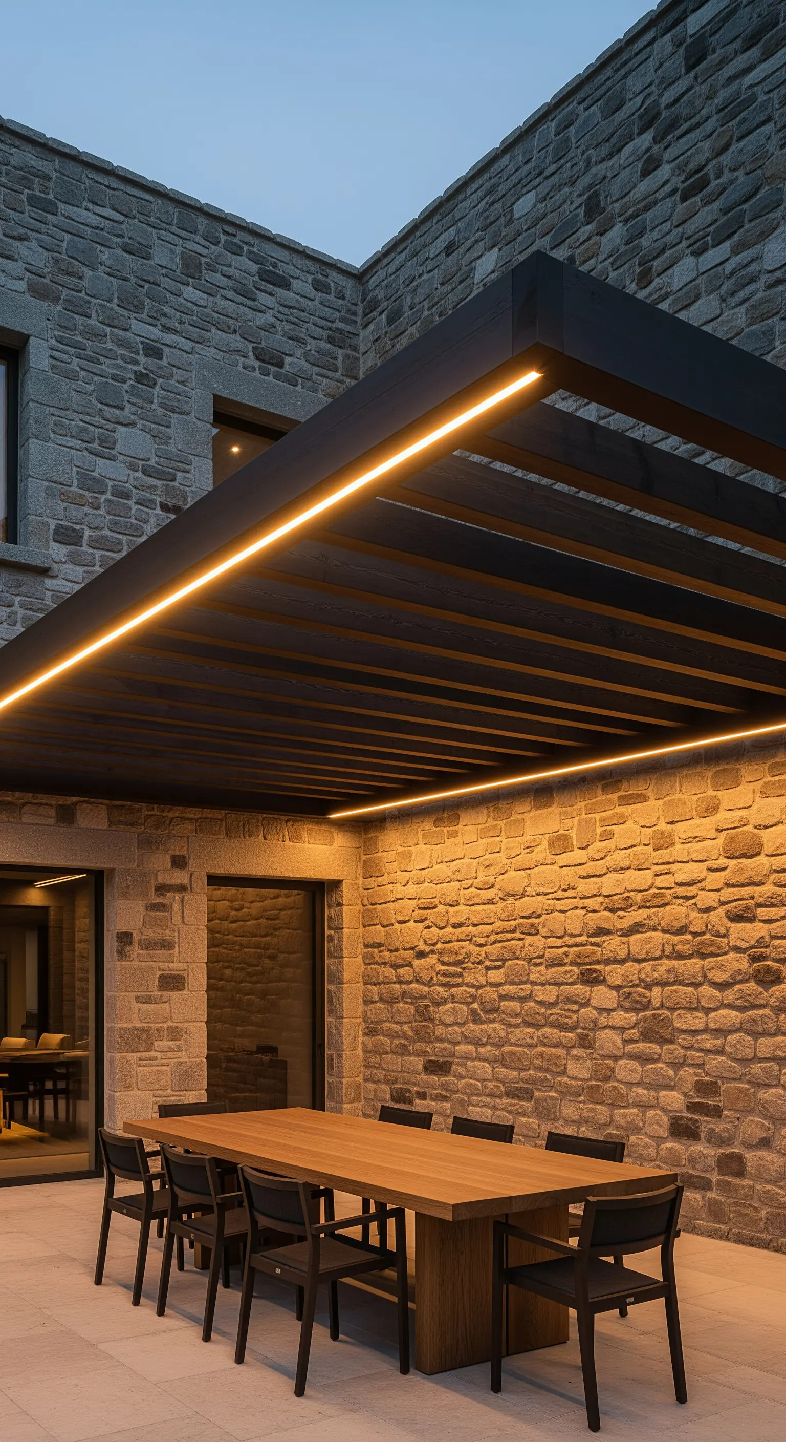Pergola moderna con illuminazione a LED integrata addossata a una casa in pietra.