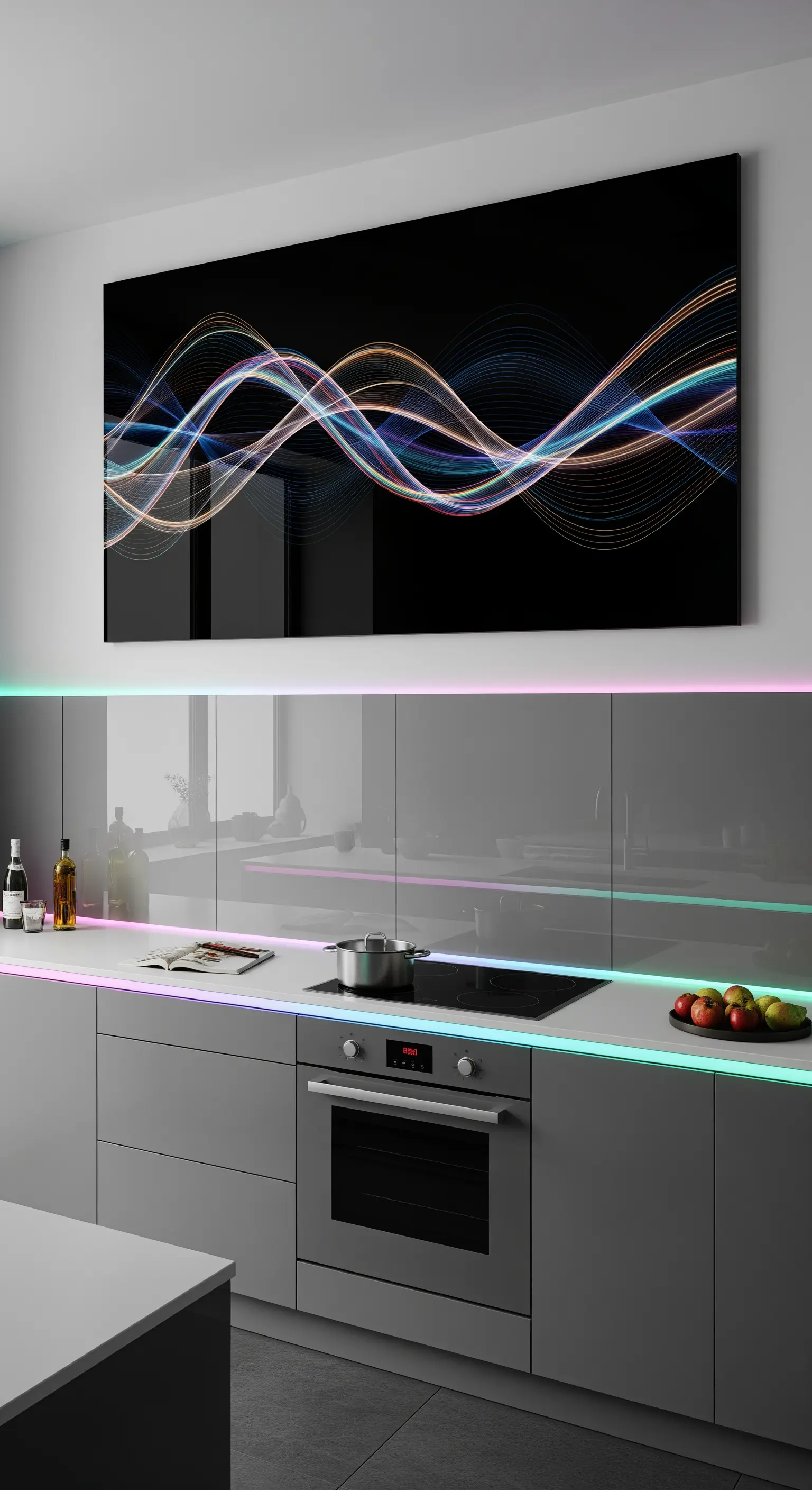Cucina moderna grigia con illuminazione a LED colorata e un'opera d'arte digitale luminosa.