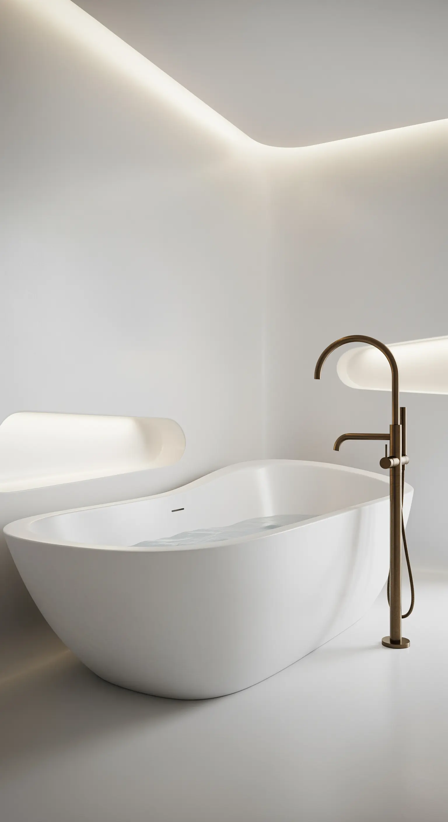 Vasca bianca dalle forme organiche in un bagno minimalista con illuminazione a LED integrata.