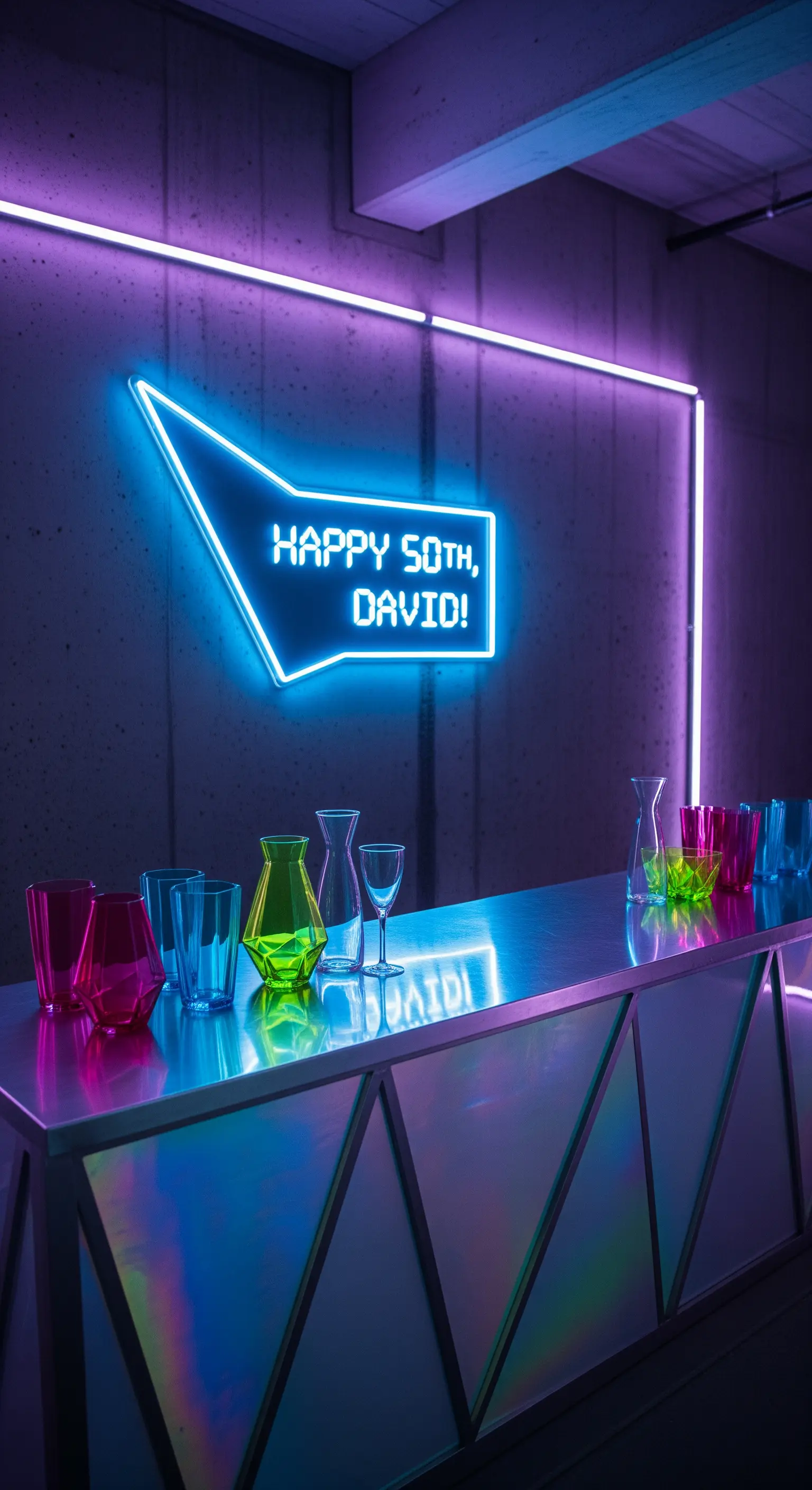 Bancone bar moderno con finitura olografica e insegna al neon blu personalizzata.