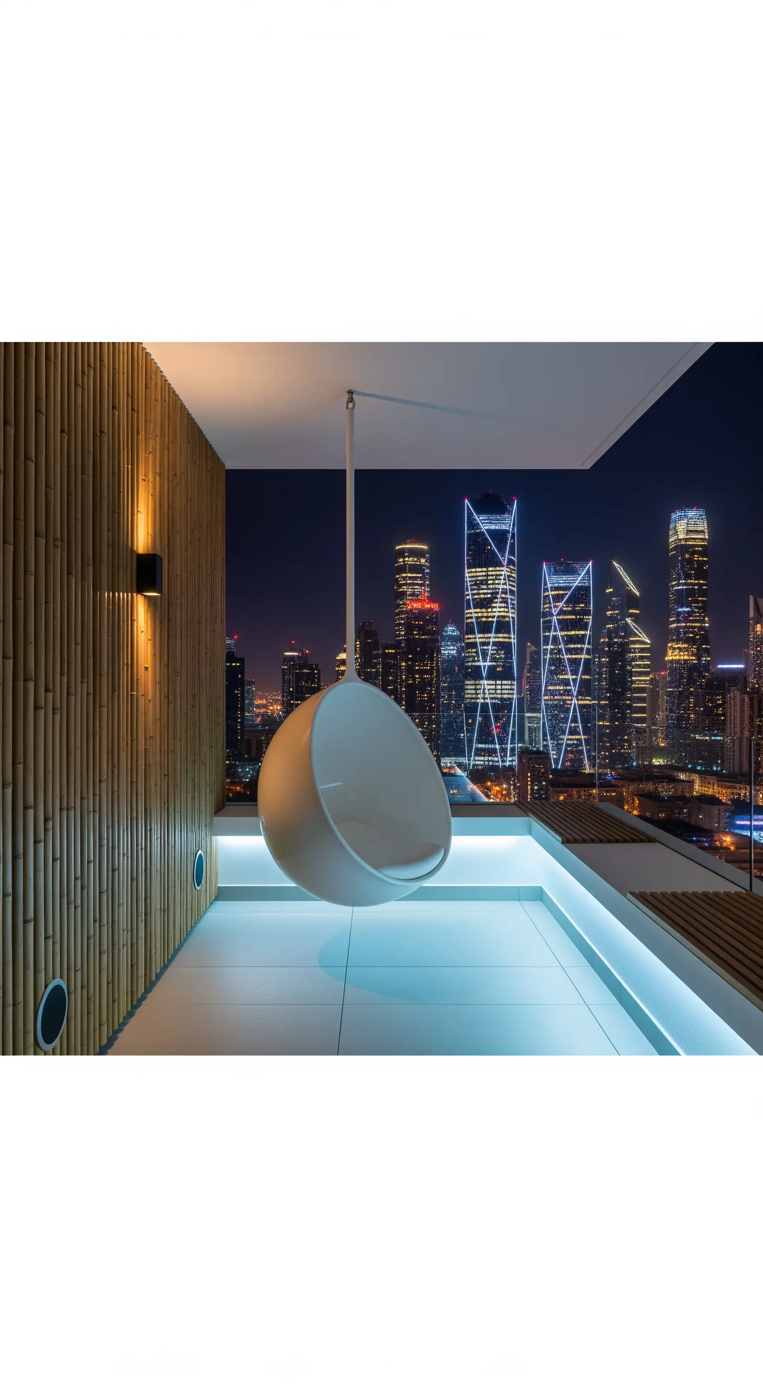 Poltrona sospesa bianca di design su un balcone con illuminazione a led blu.