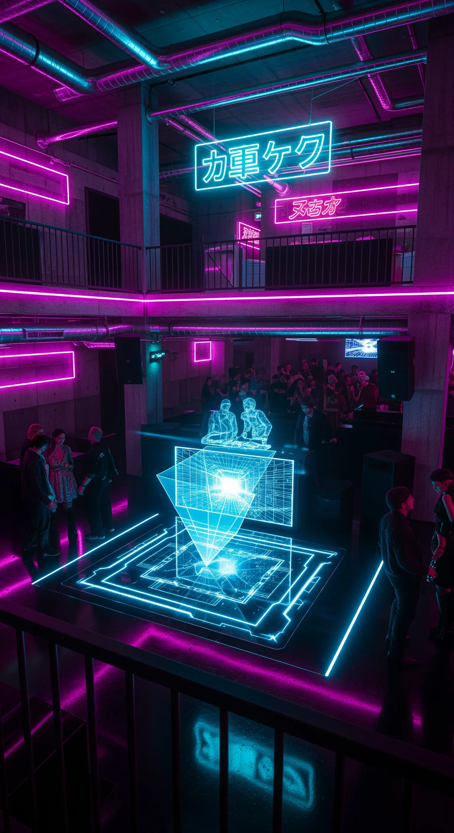 DJ booth olografico con luci al neon ciano e magenta in un club futuristico.