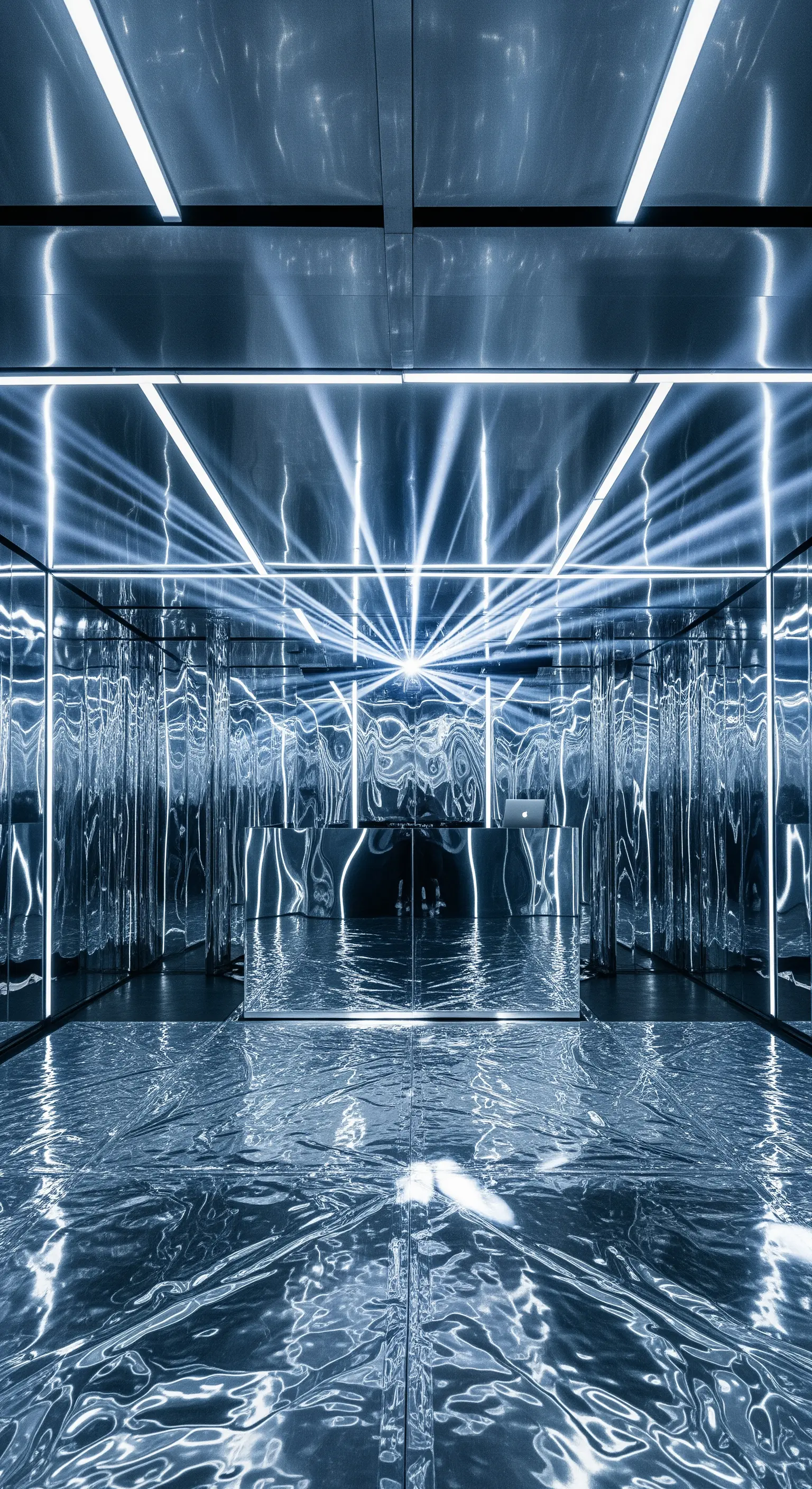 Stanza futuristica con pareti e pavimento a specchio e illuminazione a LED lineare.