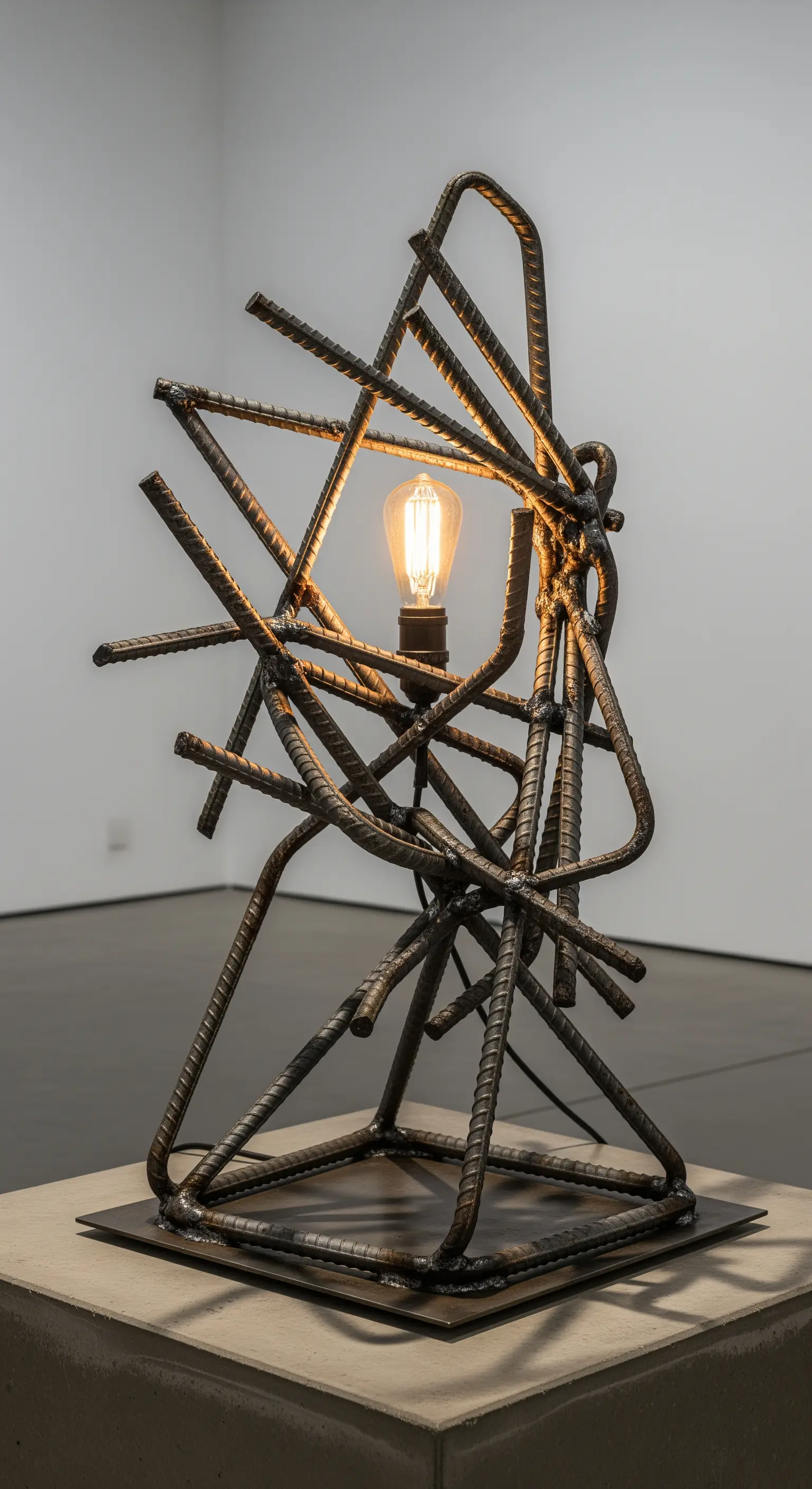 Lampada scultorea astratta realizzata con tondini di ferro per cemento armato saldati.