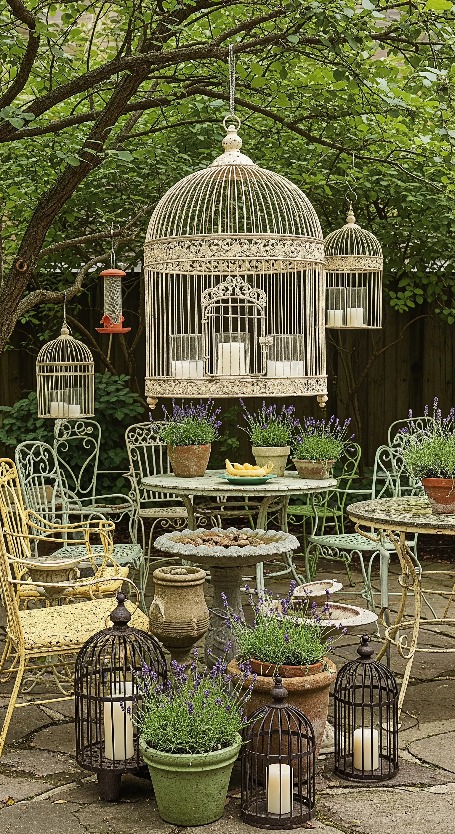 Vecchie gabbiette per uccelli usate come portacandele in un lussureggiante giardino shabby chic.