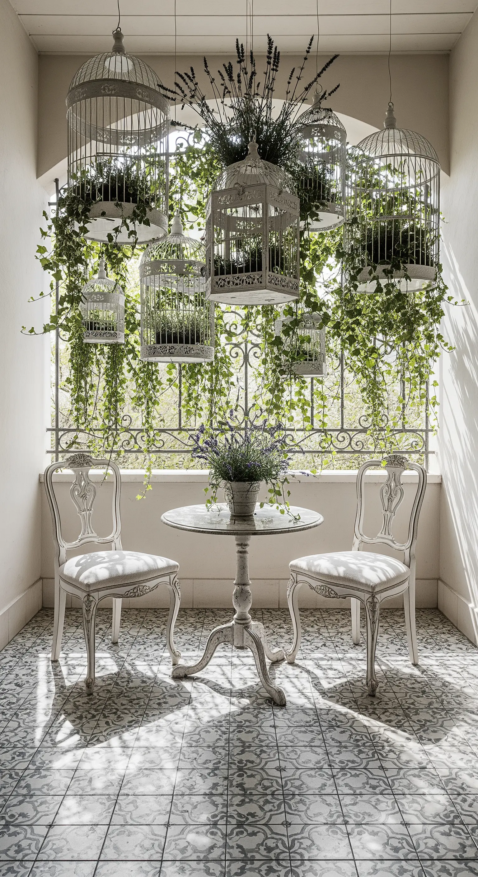 Balcone con gabbie per uccelli bianche appese, trasformate in vasi per piante rampicanti