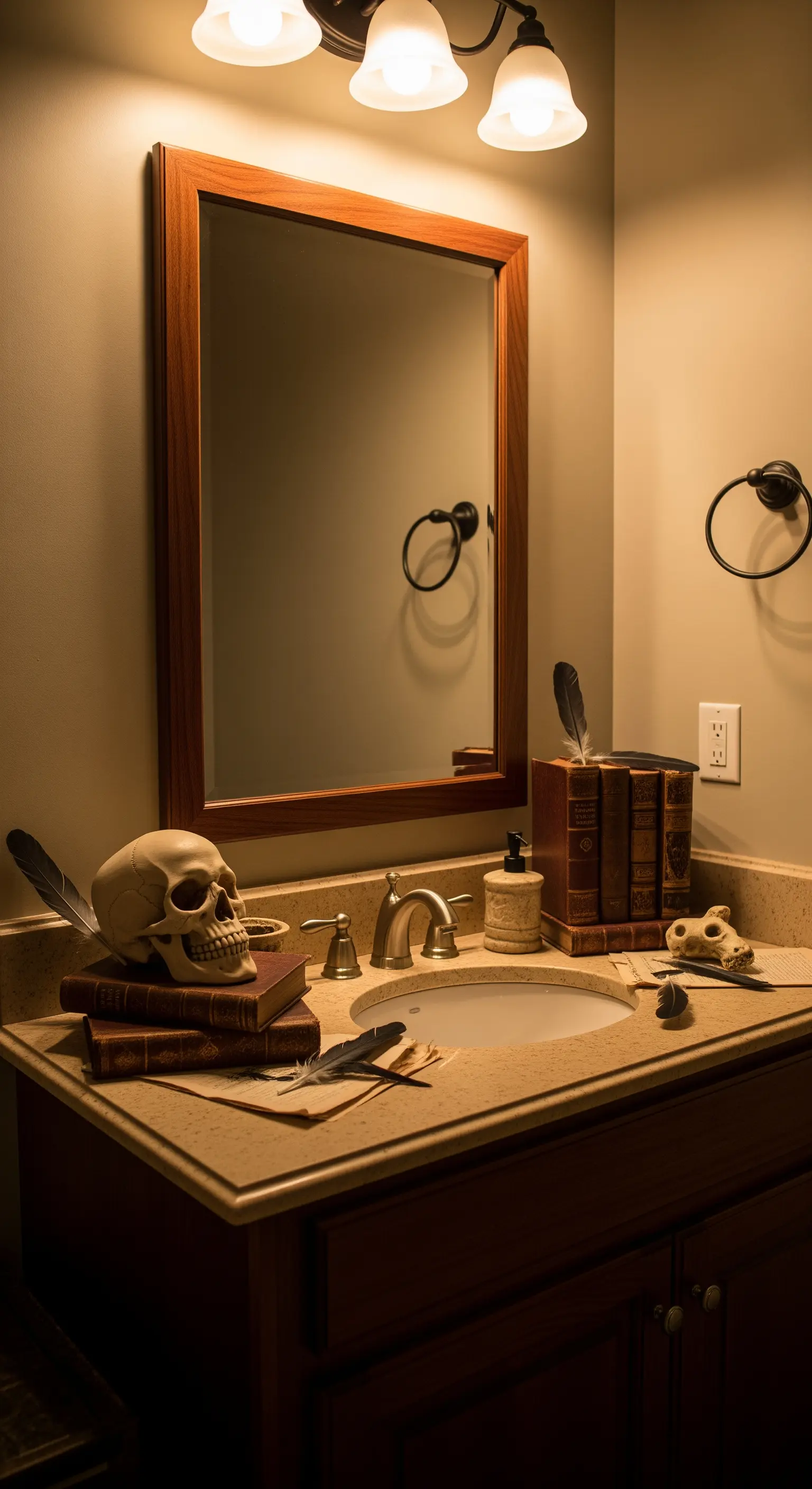 Composizione con teschio, libri antichi e piume nere sul piano di un lavabo da bagno