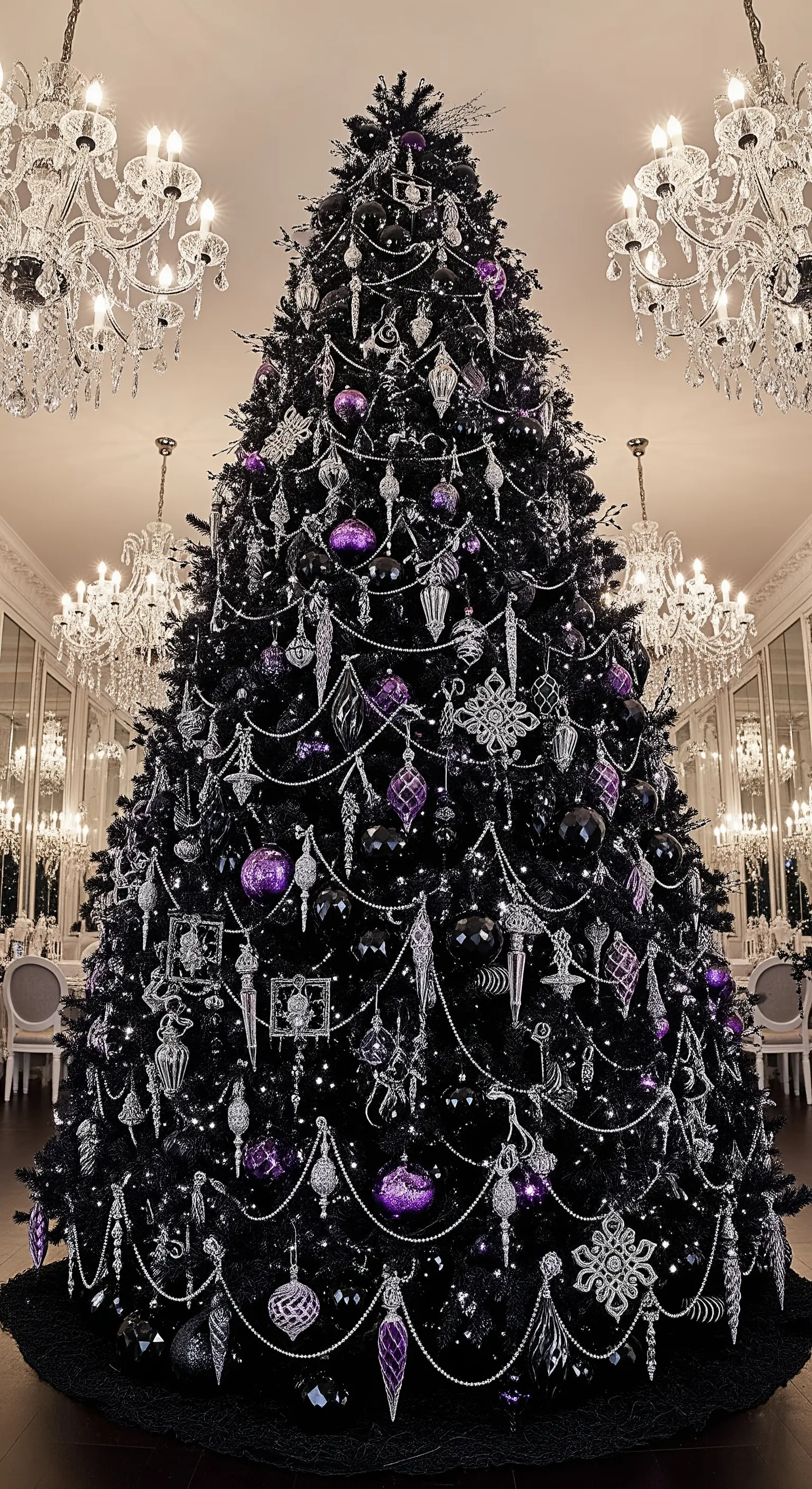 Imponente albero di Natale nero sovraccarico di decorazioni viola, nere e argentate.
