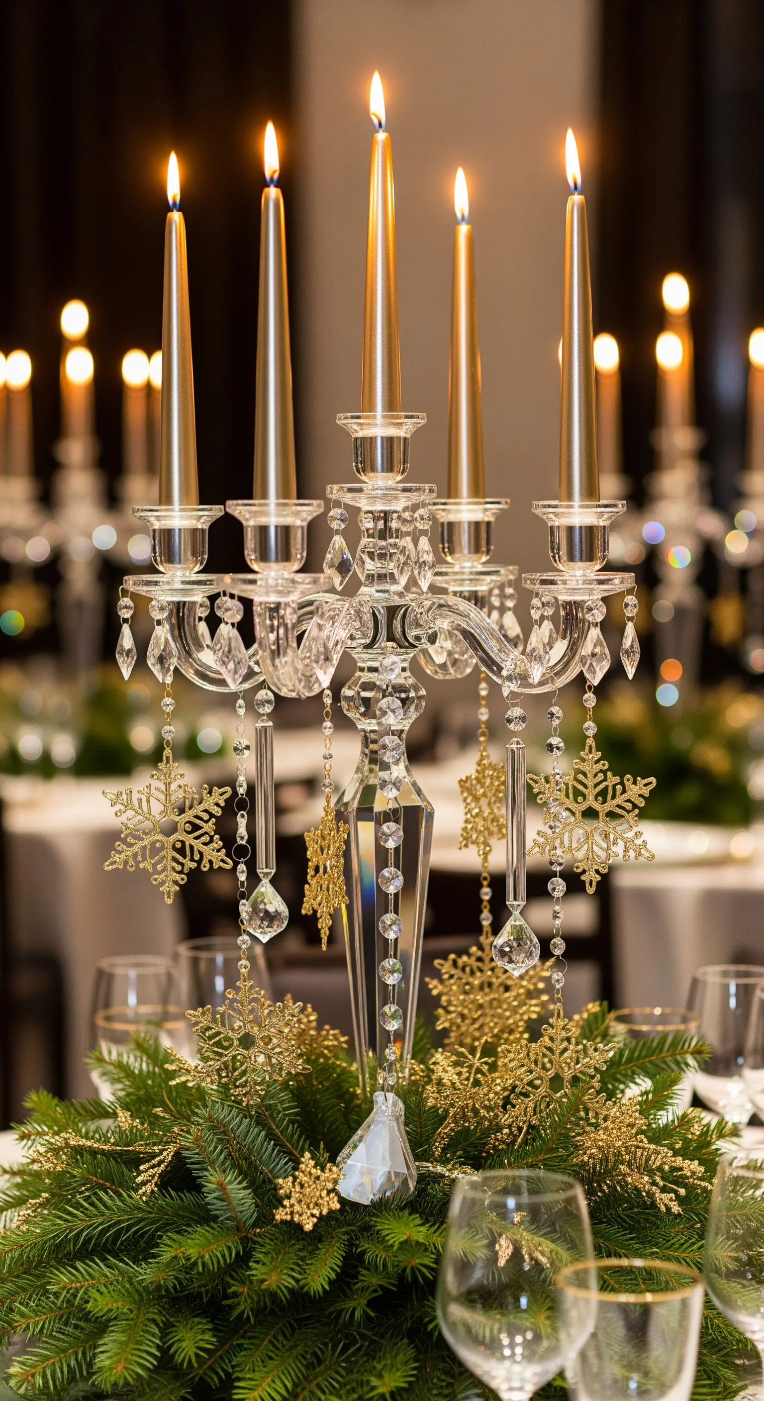 Candelabro di cristallo con candele dorate e fiocchi di neve su una base di pino.