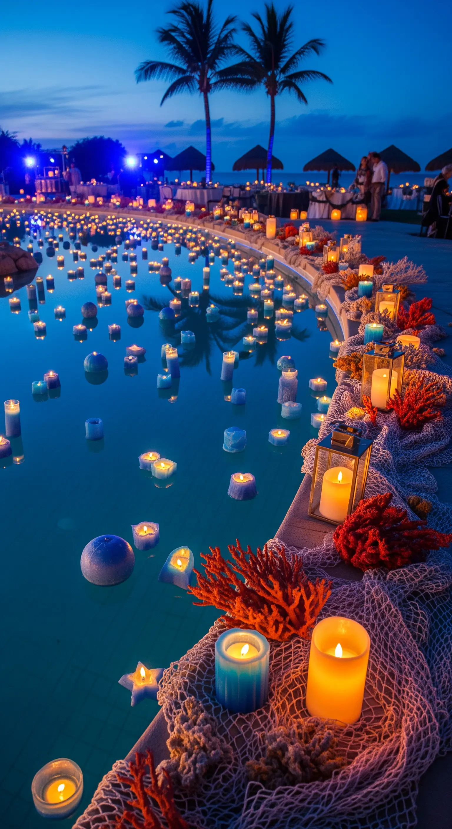 Piscina illuminata da centinaia di candele galleggianti e decorazioni a tema marino