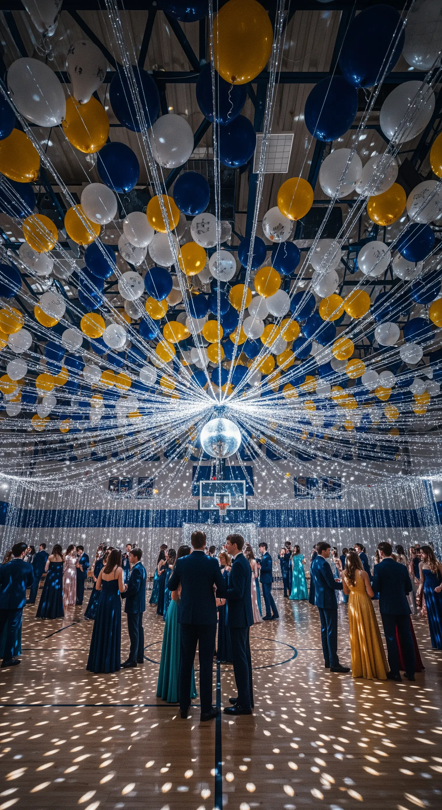 Soffitto di una palestra con palloncini blu e gialli i cui fili convergono su una disco ball.