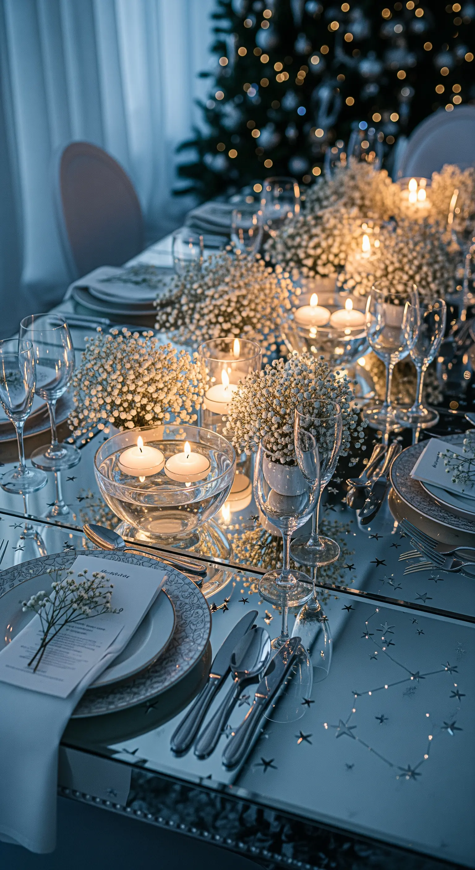 Tavola natalizia con superficie a specchio che riflette candele galleggianti e nebbiolina.