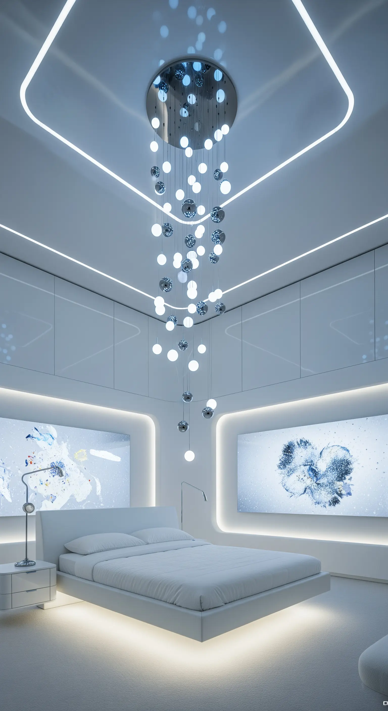 Lampadario a cascata di sfere luminose in una camera da letto futuristica total white con luci LED.