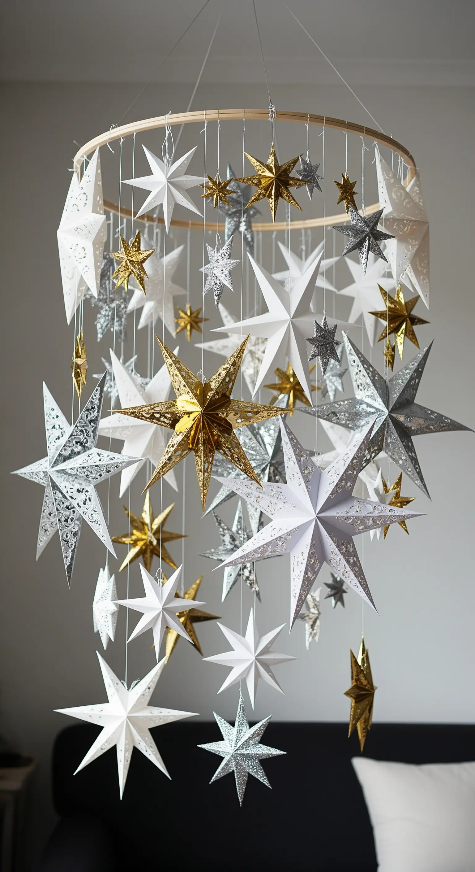 Grande mobile sospeso con decine di stelle di carta argentate, dorate e bianche