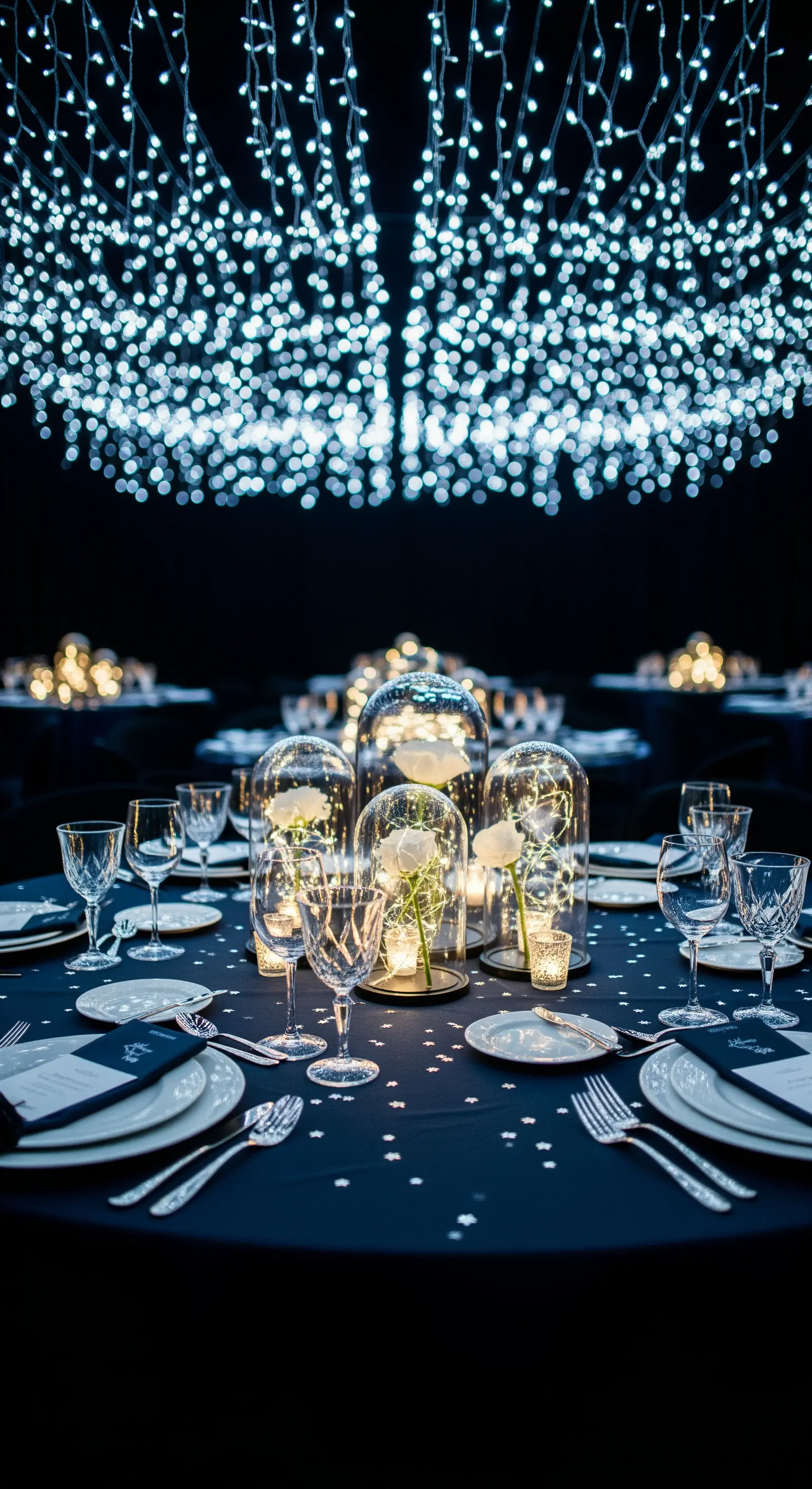 Centrotavola moderni con fiori e lucine sotto campane di vetro su una tavola blu notte.