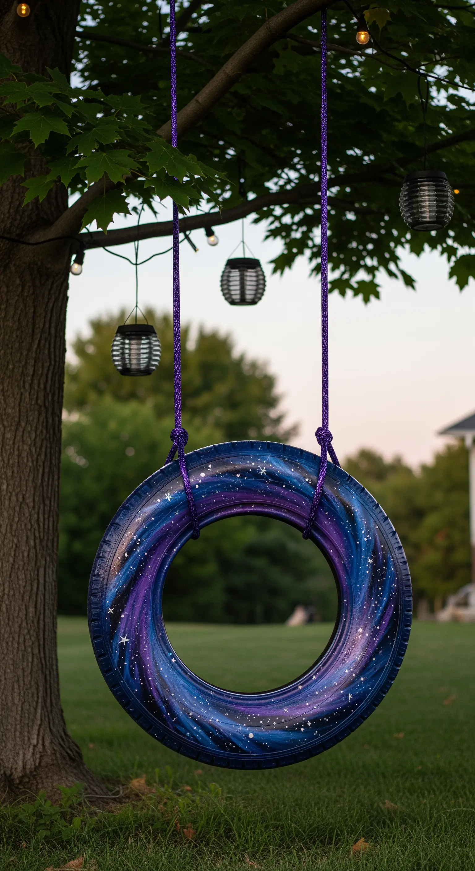 Pneumatico dipinto a mano per assomigliare a una galassia notturna con stelle e nebulose.