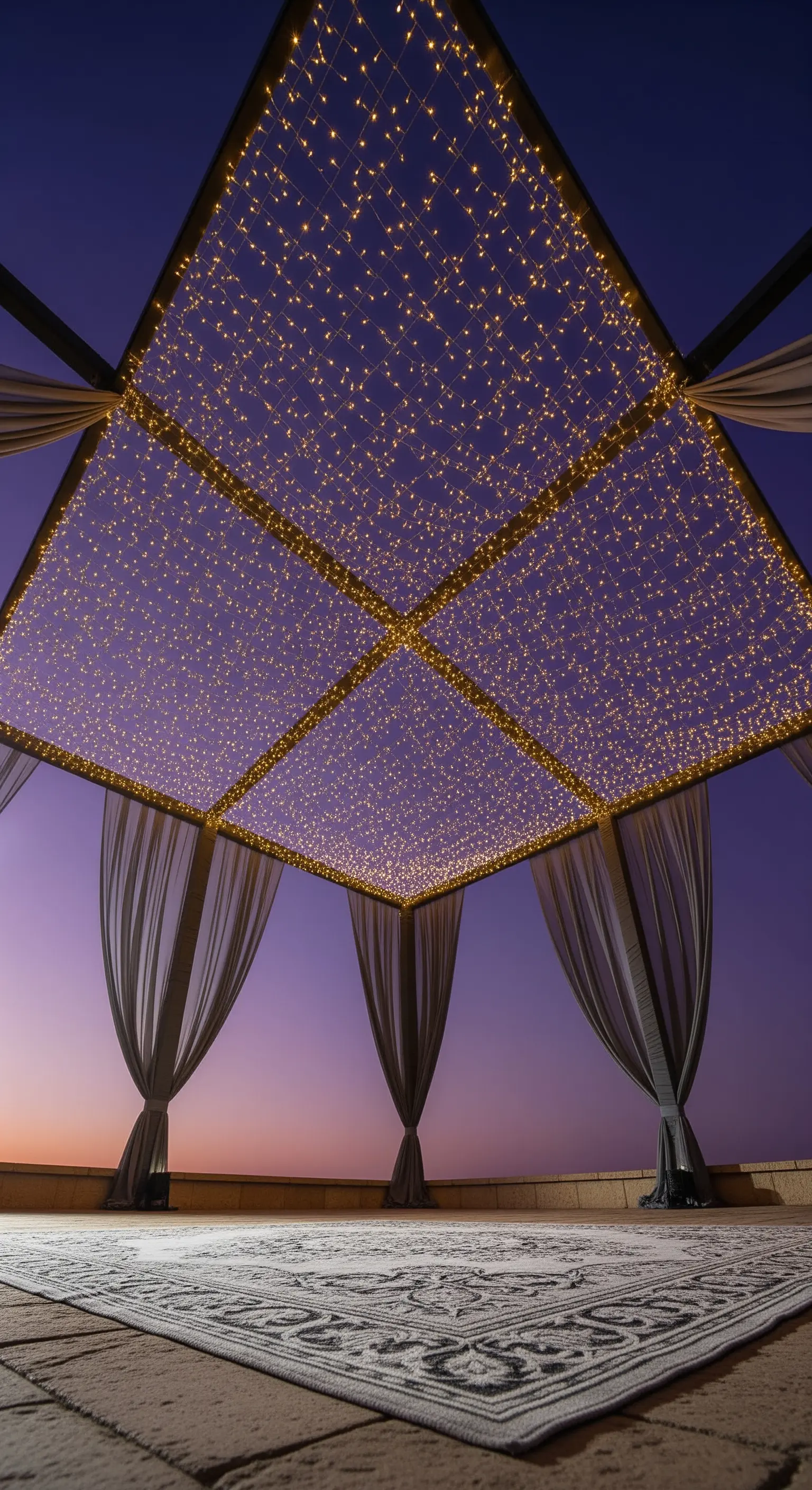 Pergola con un soffitto interamente coperto da una rete fitta di micro-luci calde.