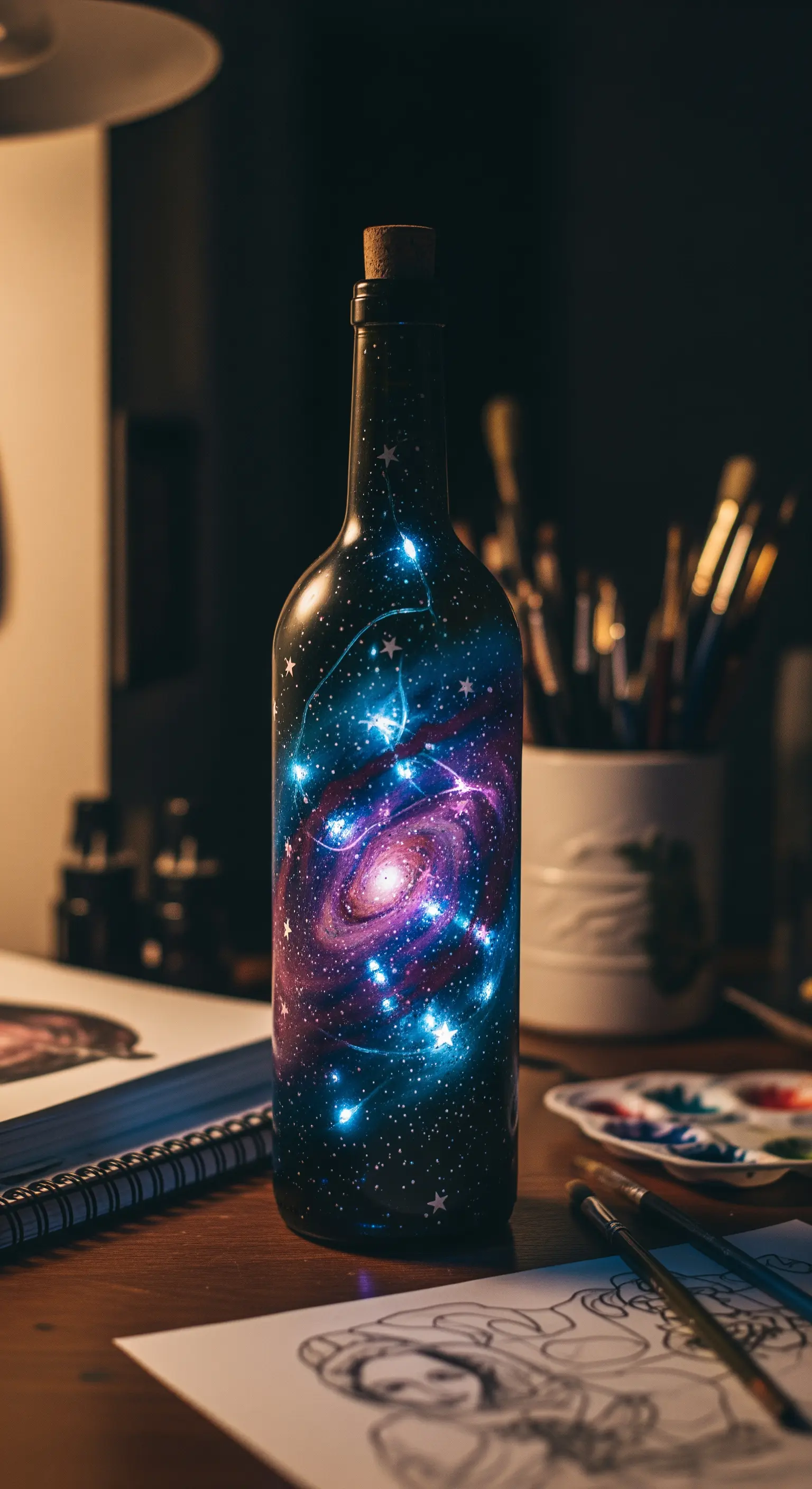 Bottiglia dipinta a mano con una nebulosa galattica colorata, illuminata dall'interno.