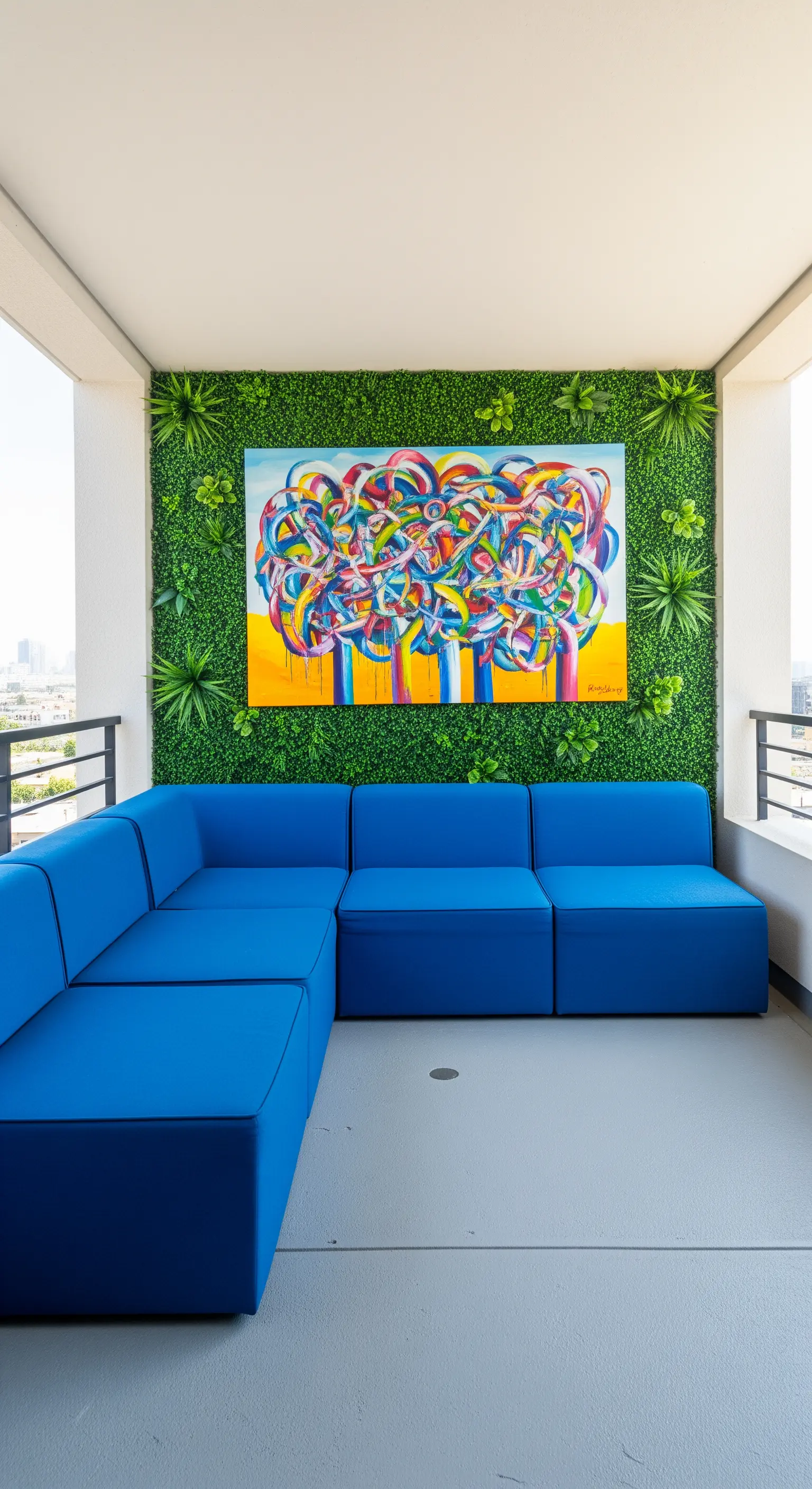 Divano modulare blu elettrico posizionato di fronte a una parete verde con un grande quadro astratto.