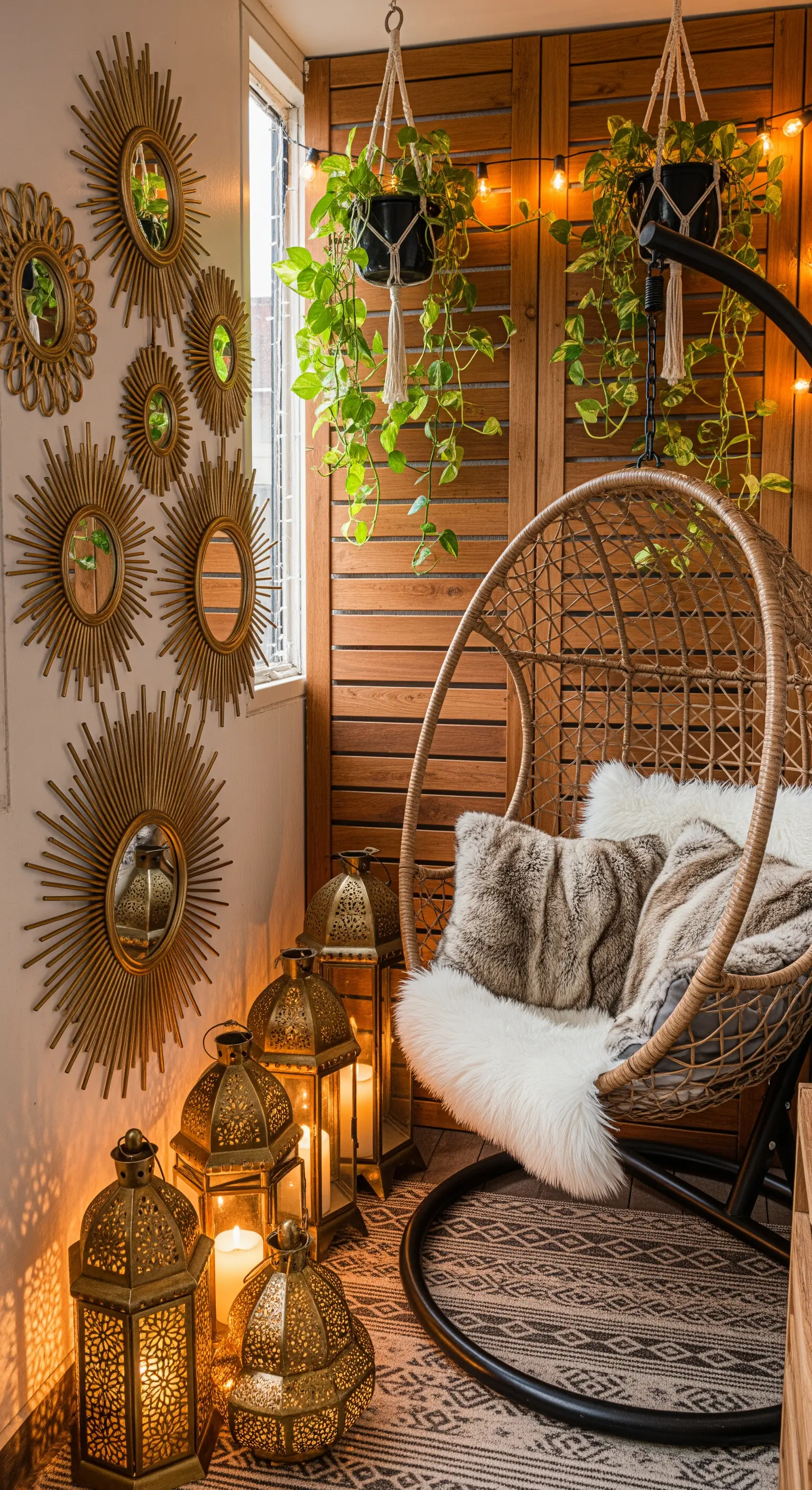 Angolo bohémien con poltrona sospesa, lanterne e parete decorata con specchi a raggiera dorati
