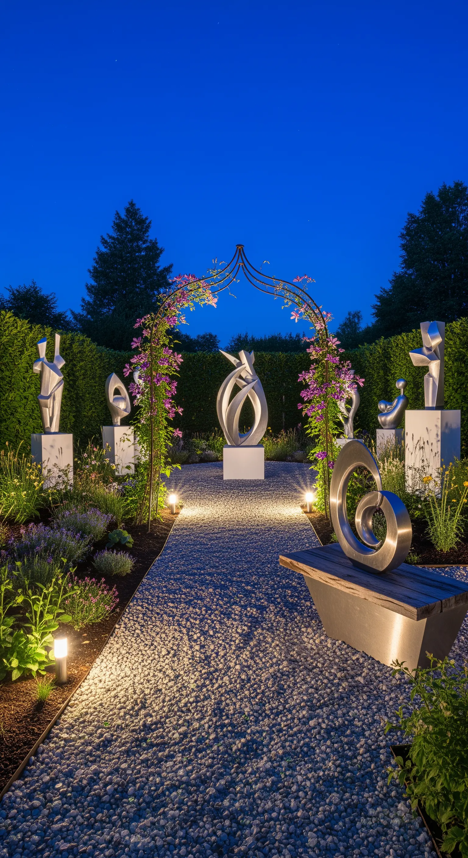 Giardino di sculture moderne in metallo illuminate da faretti, con un sentiero di ghiaia e un arco fiorito