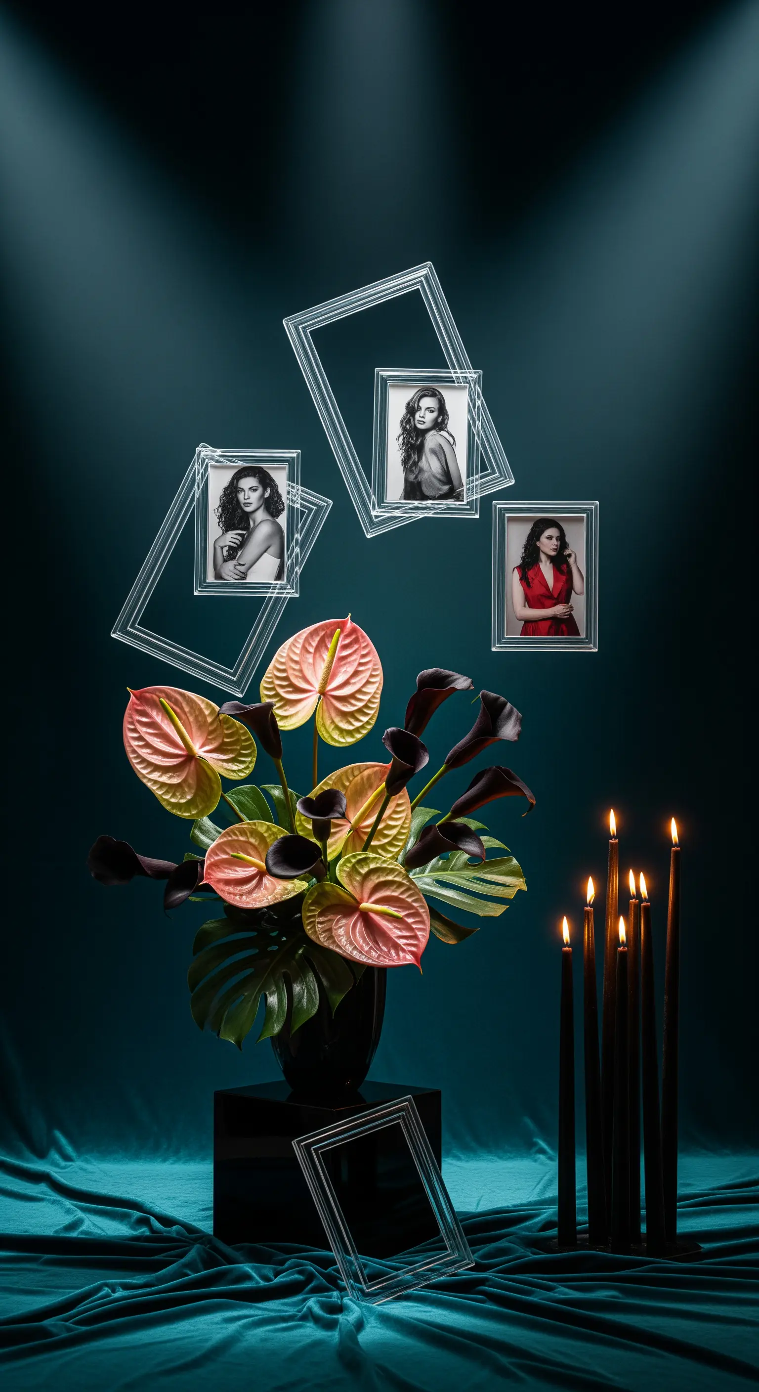 Installazione artistica con fiori esotici, candele nere e cornici sospese su sfondo di velluto.