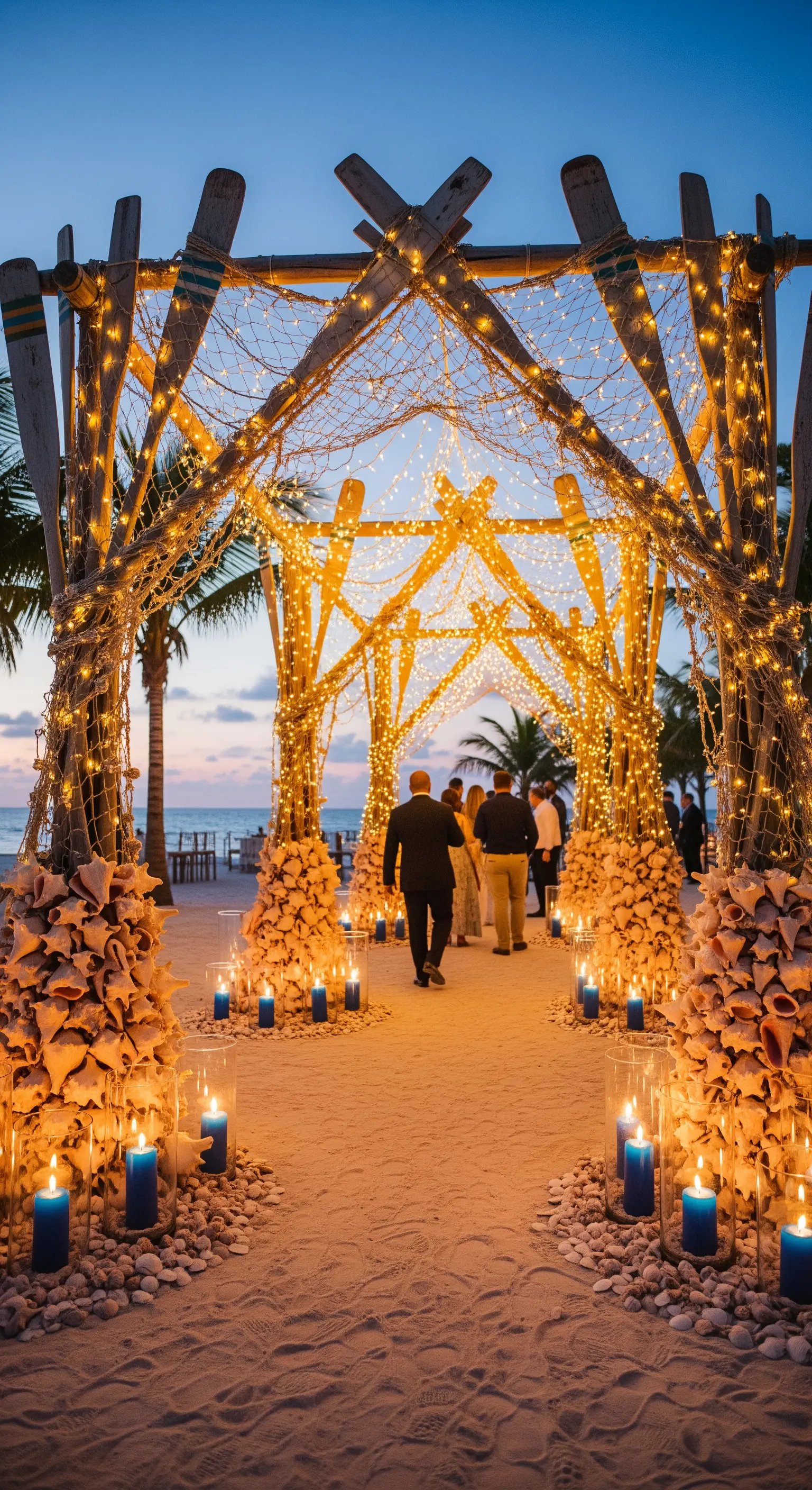 Tunnel d'ingresso per matrimonio in spiaggia con reti, luci e pile di conchiglie