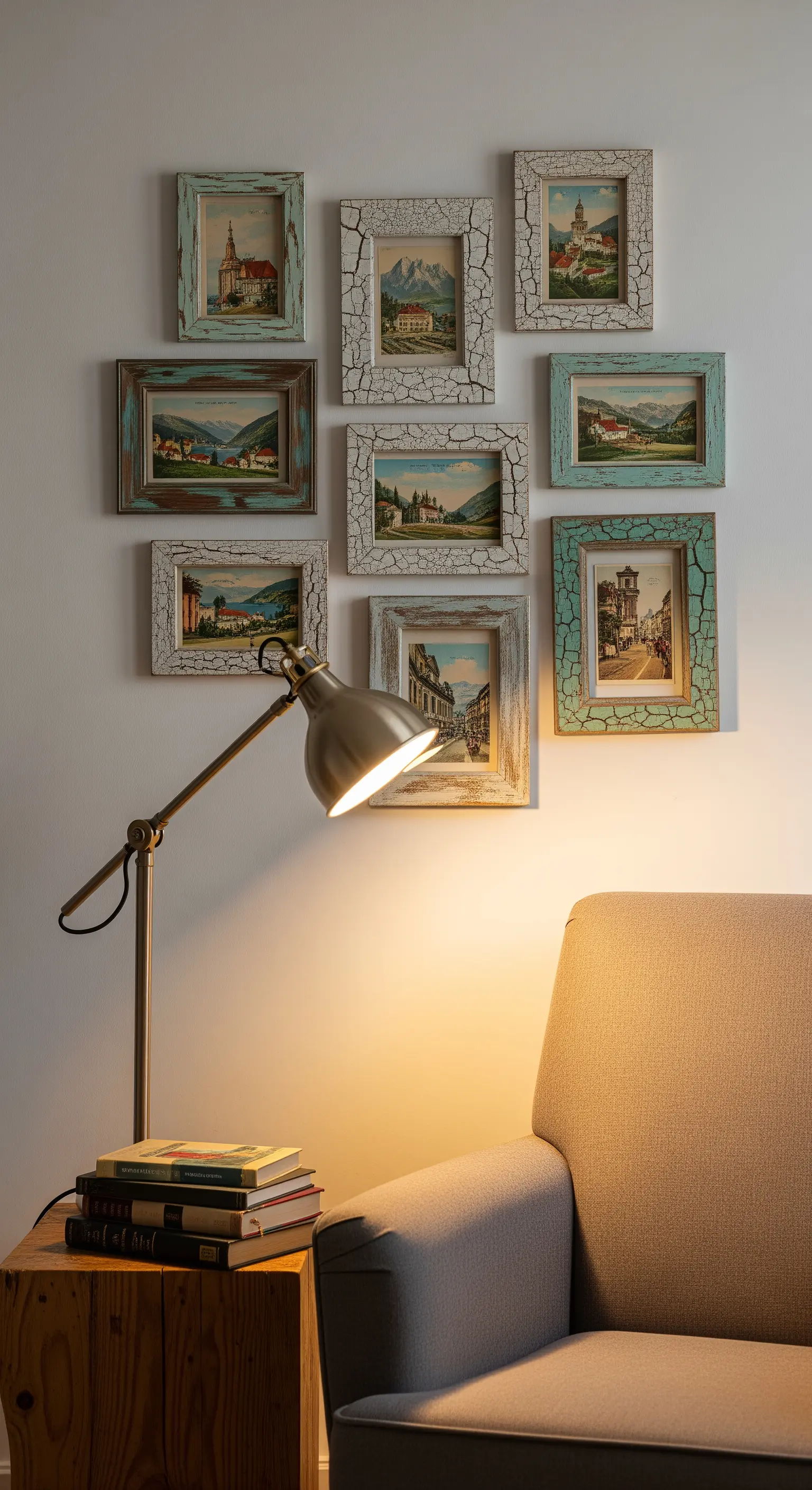 Galleria di piccoli quadri con paesaggi vintage in cornici di legno con effetto vernice scrostata.