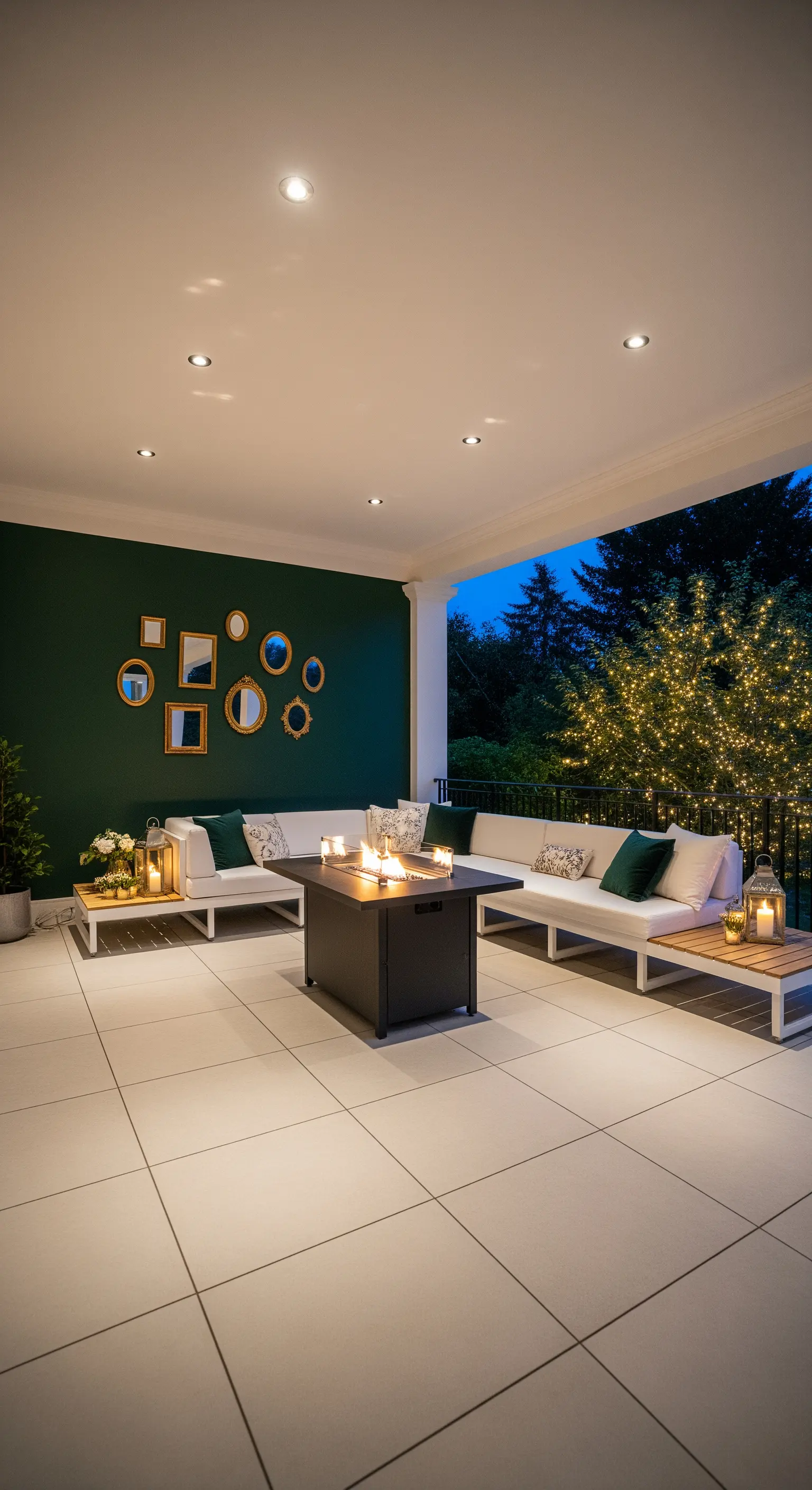 Patio serale con parete verde scuro, divani bianchi e una collezione di piccoli specchi dorati appesi