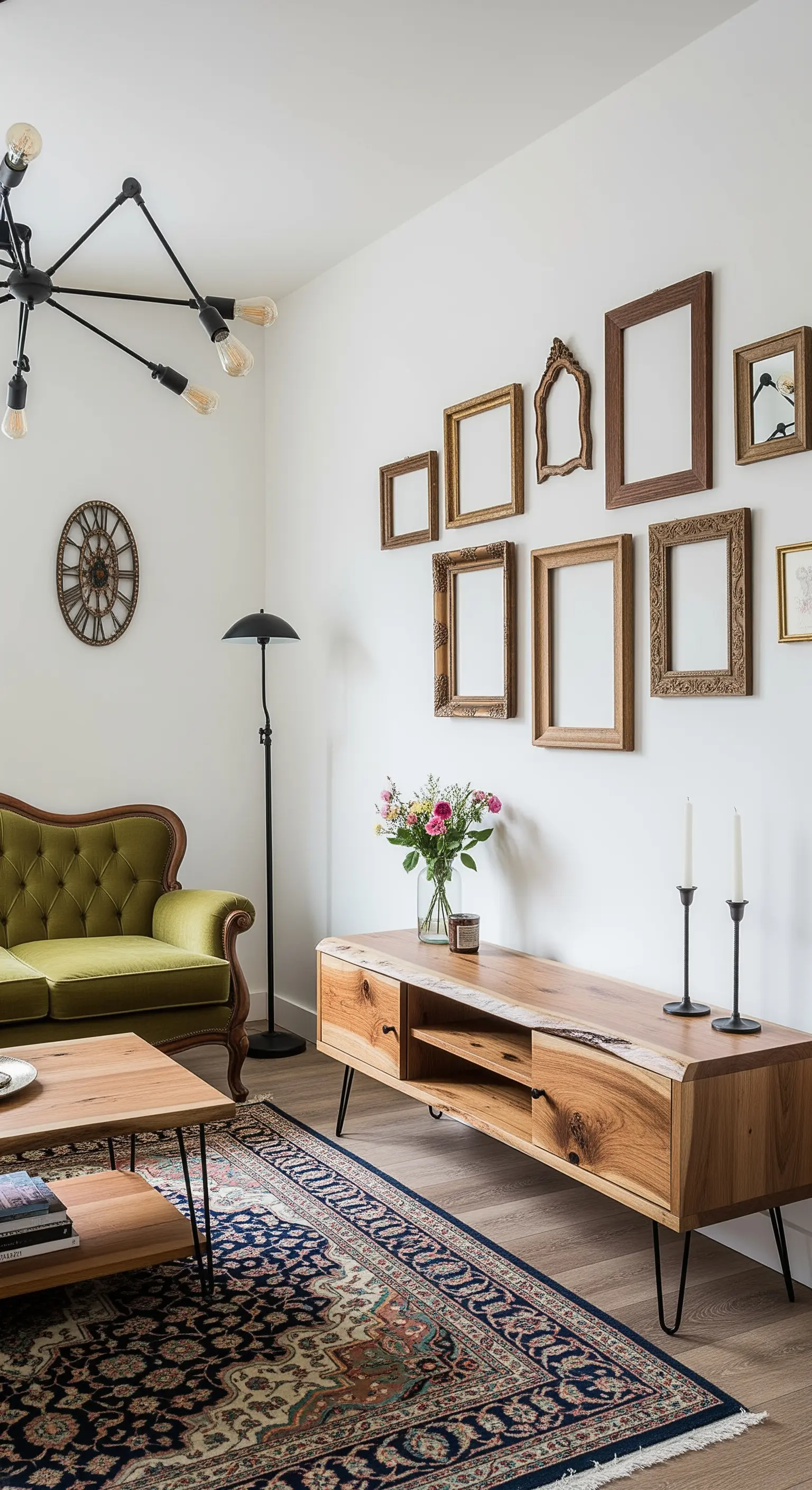 Parete decorata con cornici di legno vuote sopra un mobile TV con gambe a forcina.