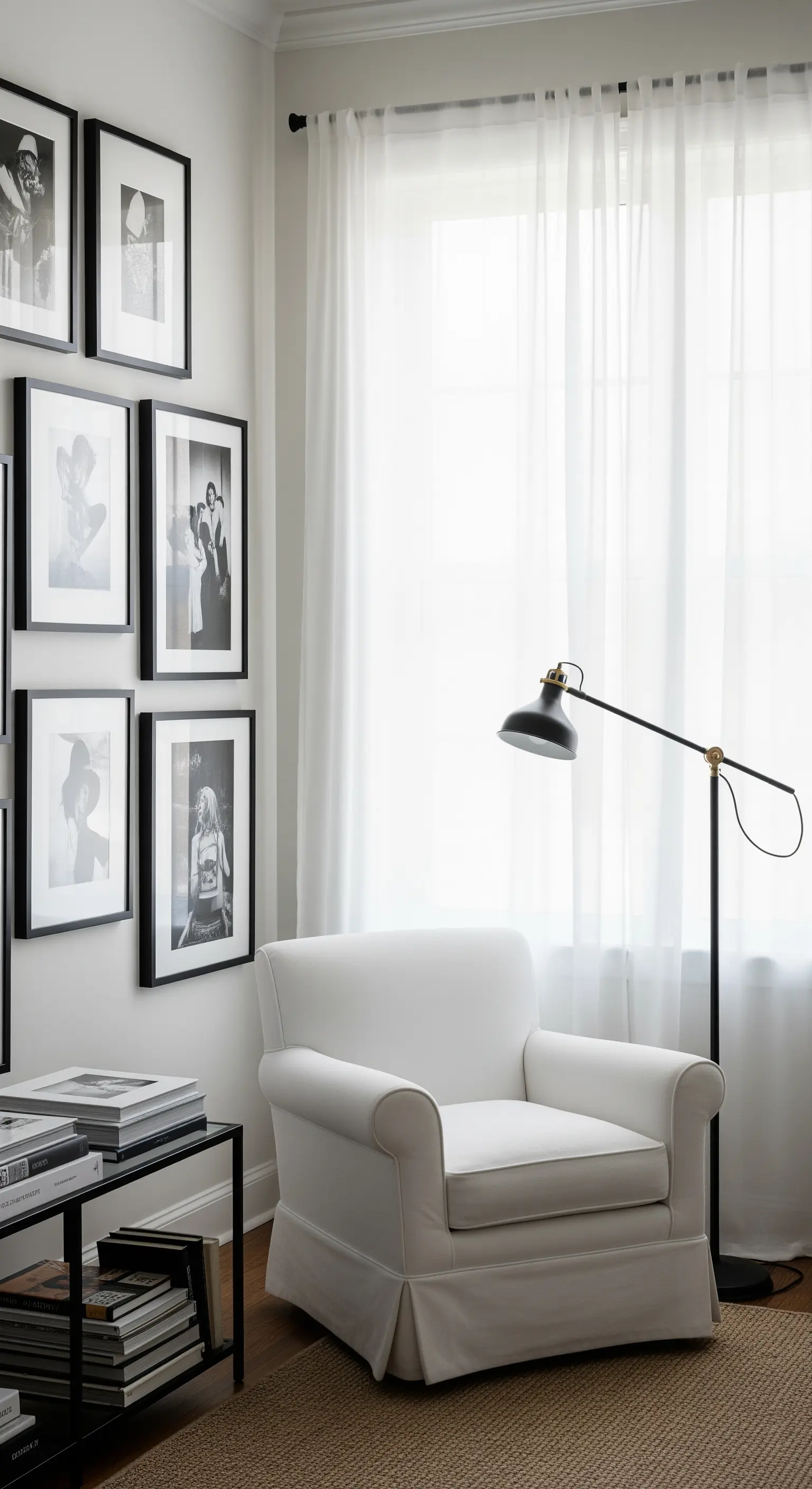 Angolo lettura con poltrona bianca, lampada da terra nera e parete con foto in bianco e nero.