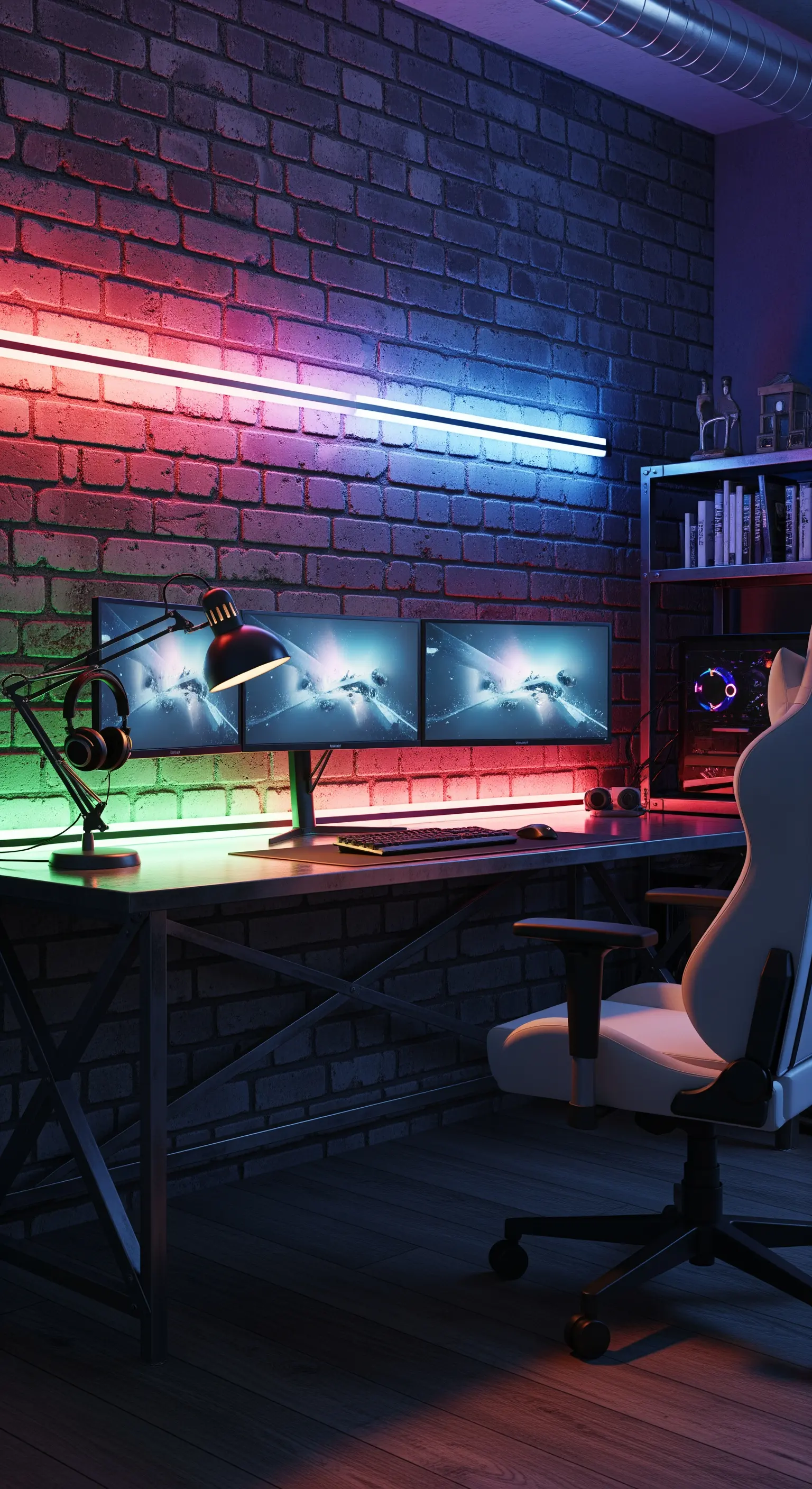 Postazione da gaming con luci al neon colorate contro una parete di mattoni scuri.