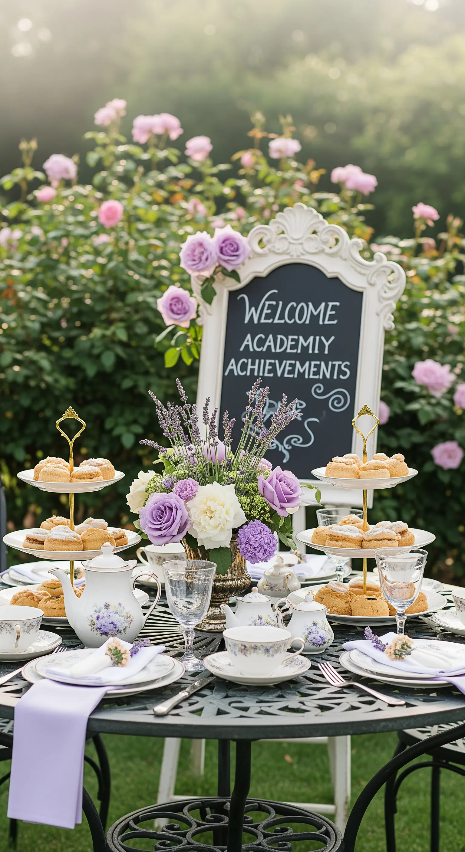 Tavola allestita per un tea party in un roseto, con porcellane e fiori lilla.