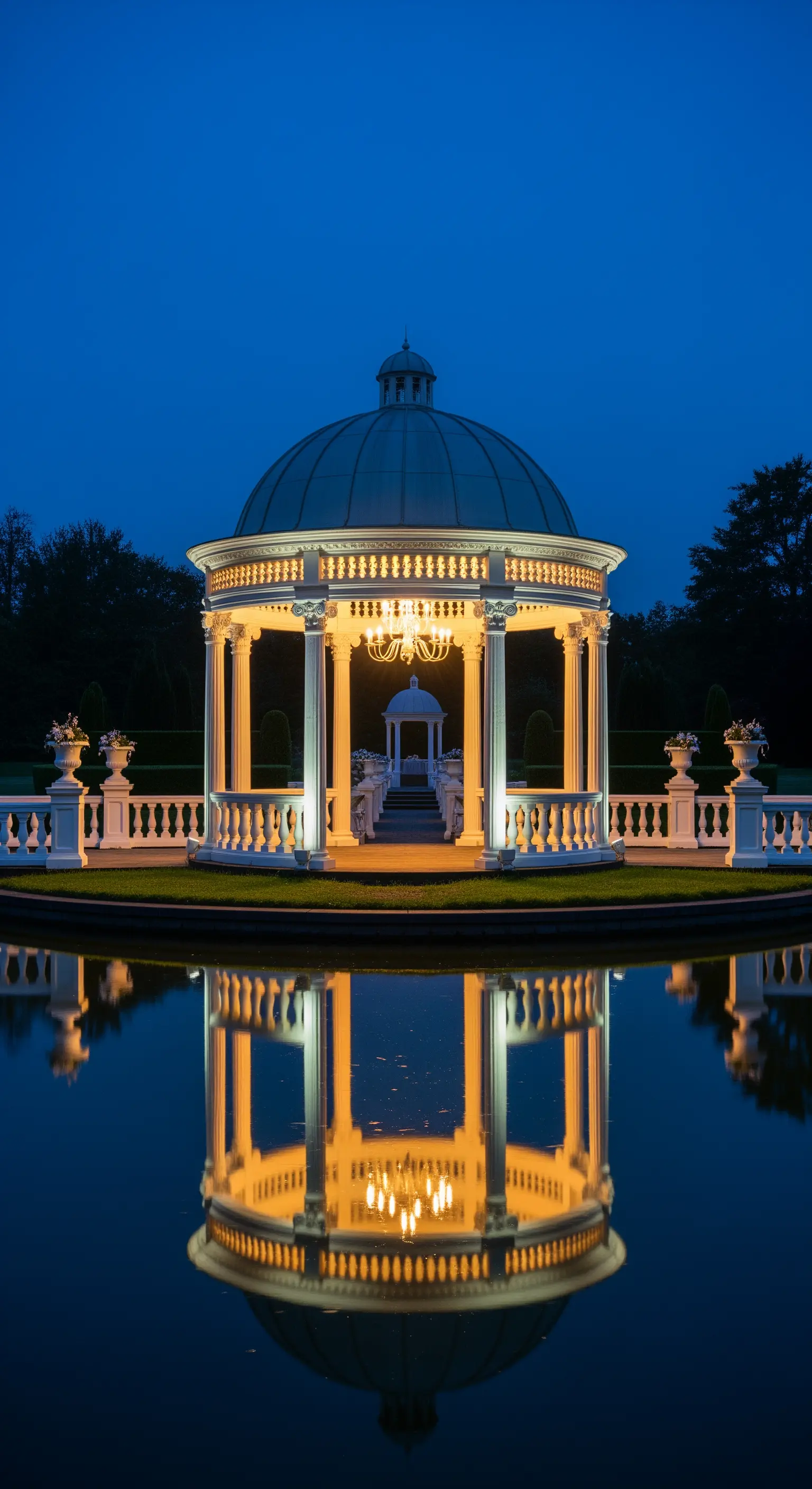 Gazebo bianco con cupola e lampadario, illuminato di notte e riflesso su un lago calmo.