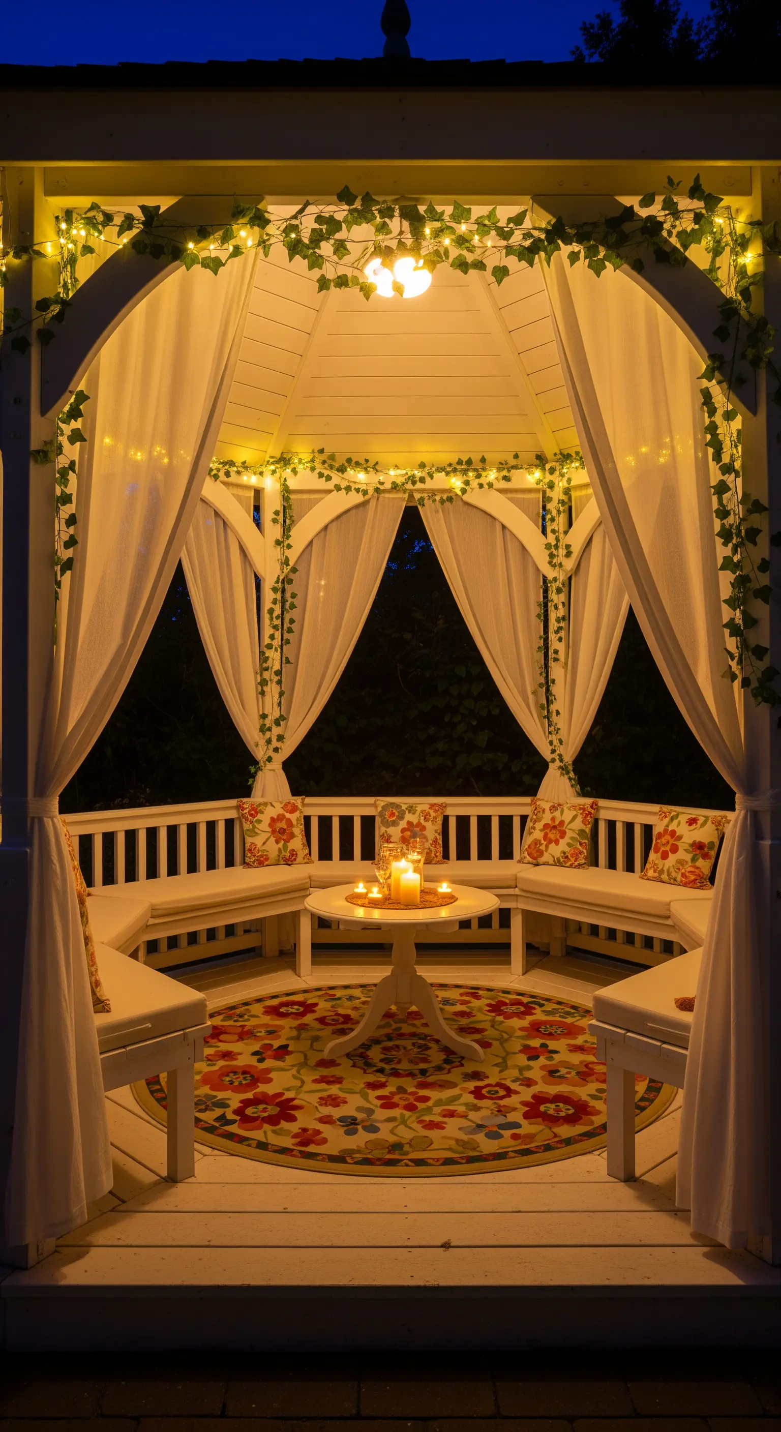 Gazebo bianco illuminato da lucine, con tende, edera e un tappeto rotondo colorato.