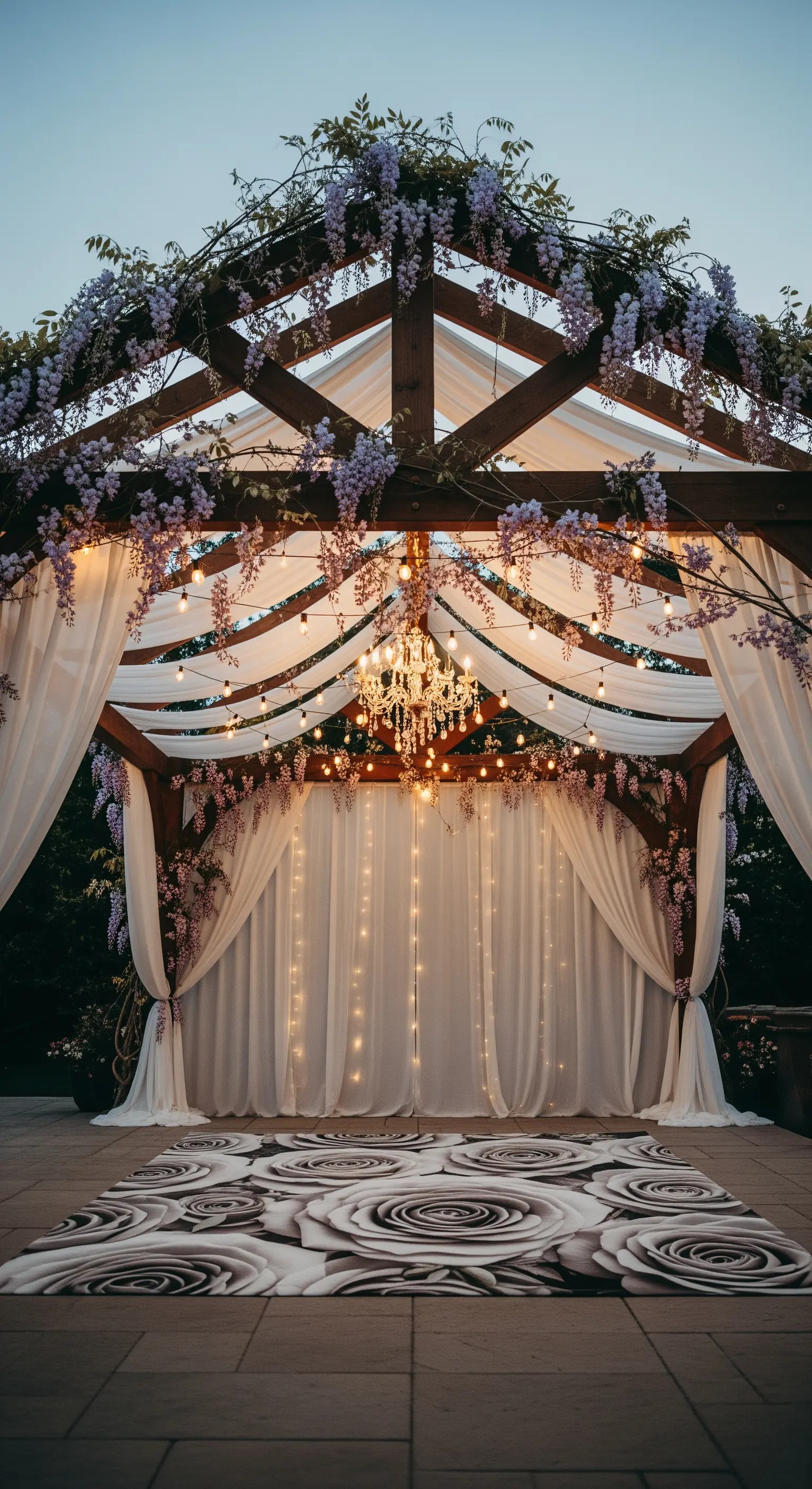 Gazebo in legno decorato con glicine, tende bianche, un lampadario di cristallo e luci.