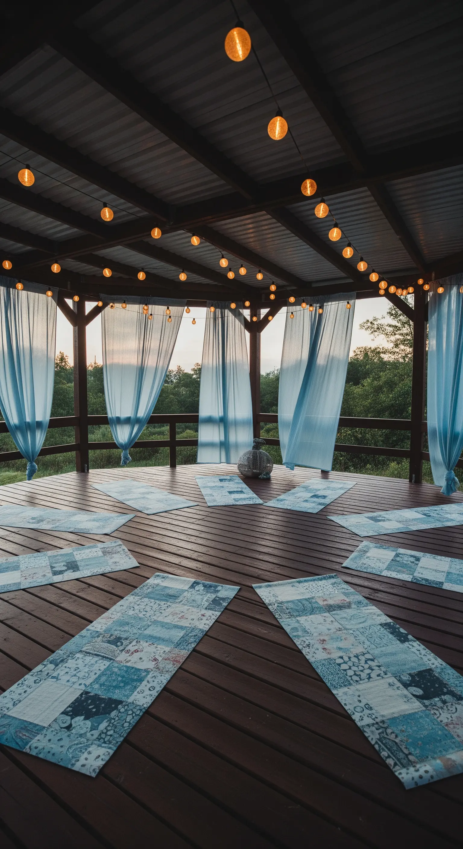 Terrazza in legno per lo yoga con tende azzurre e tappetini patchwork individuali.