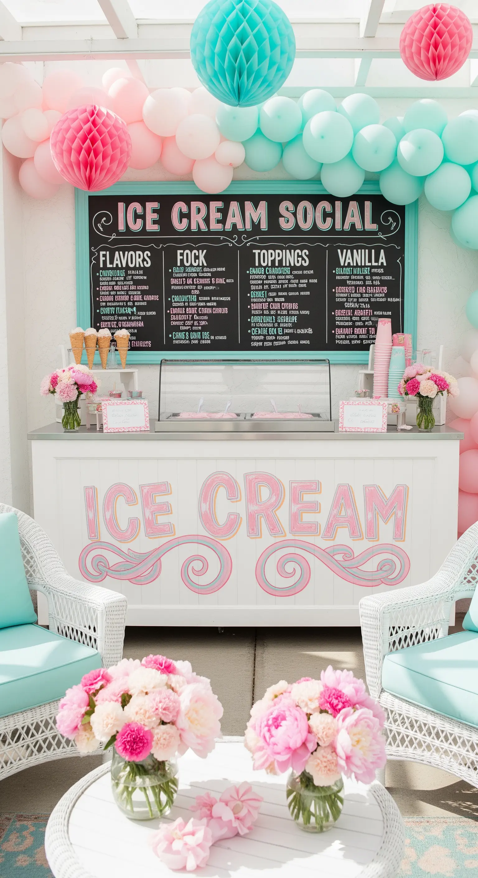 Angolo gelateria in stile vintage con bancone, palloncini e lavagna dei gusti.