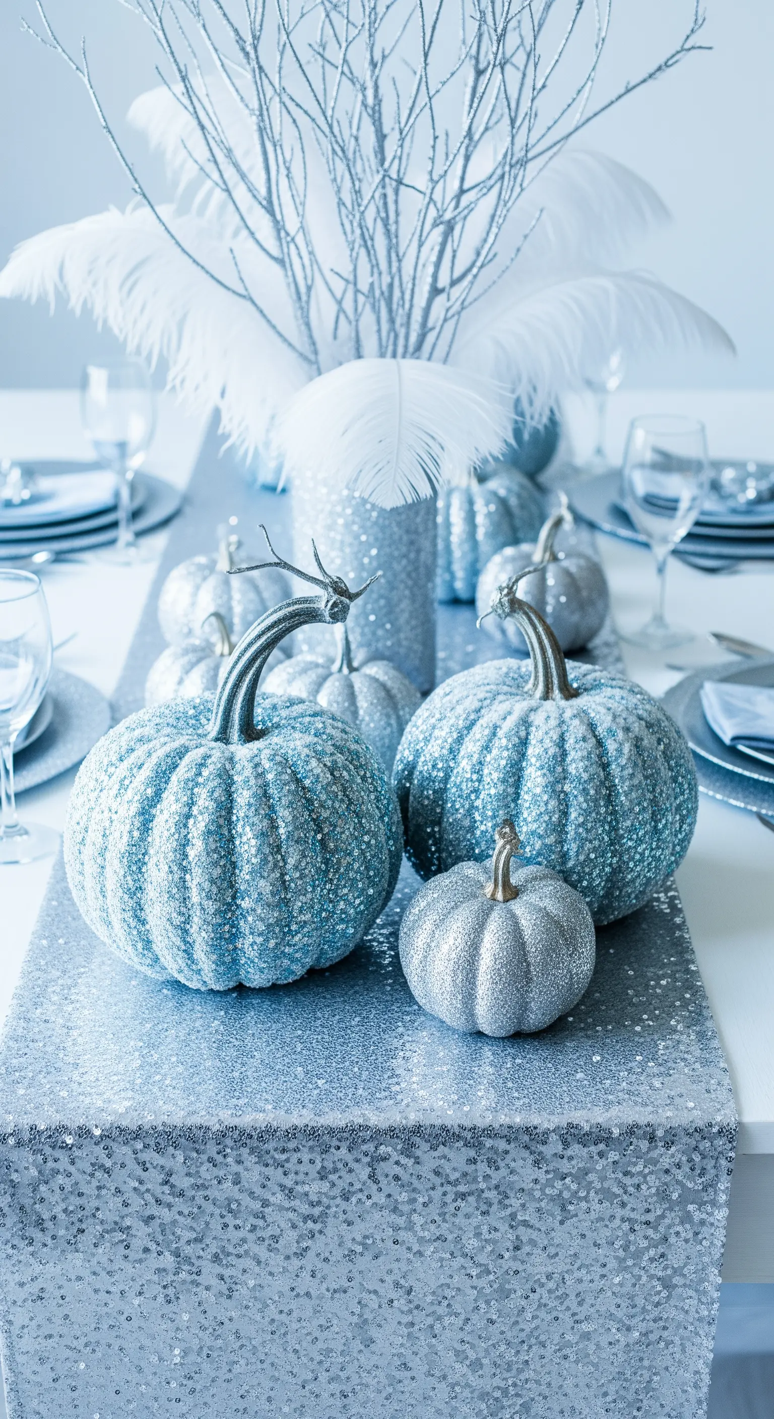 Runner di paillettes argento con zucche glitter azzurre e bianche.
