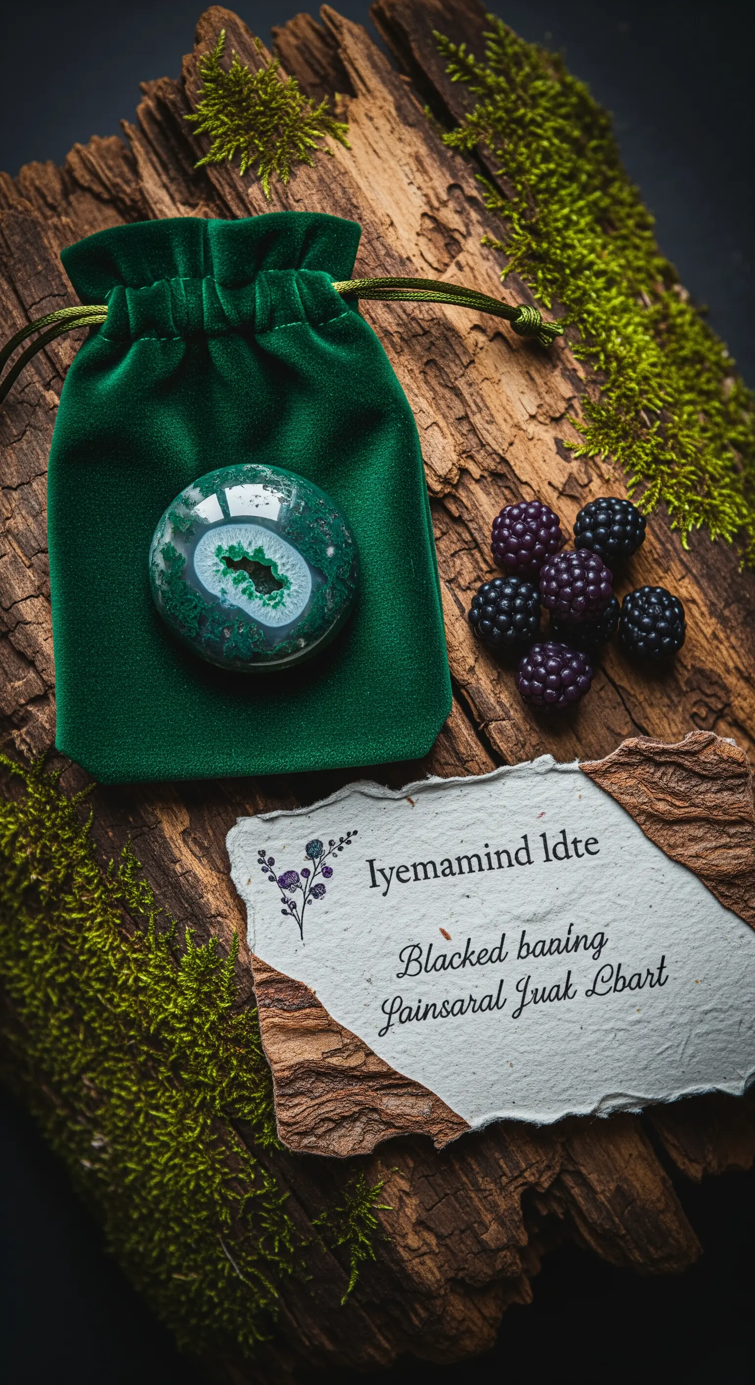 Sacchetto in velluto verde su corteccia, con una pietra di agata e more fresche.