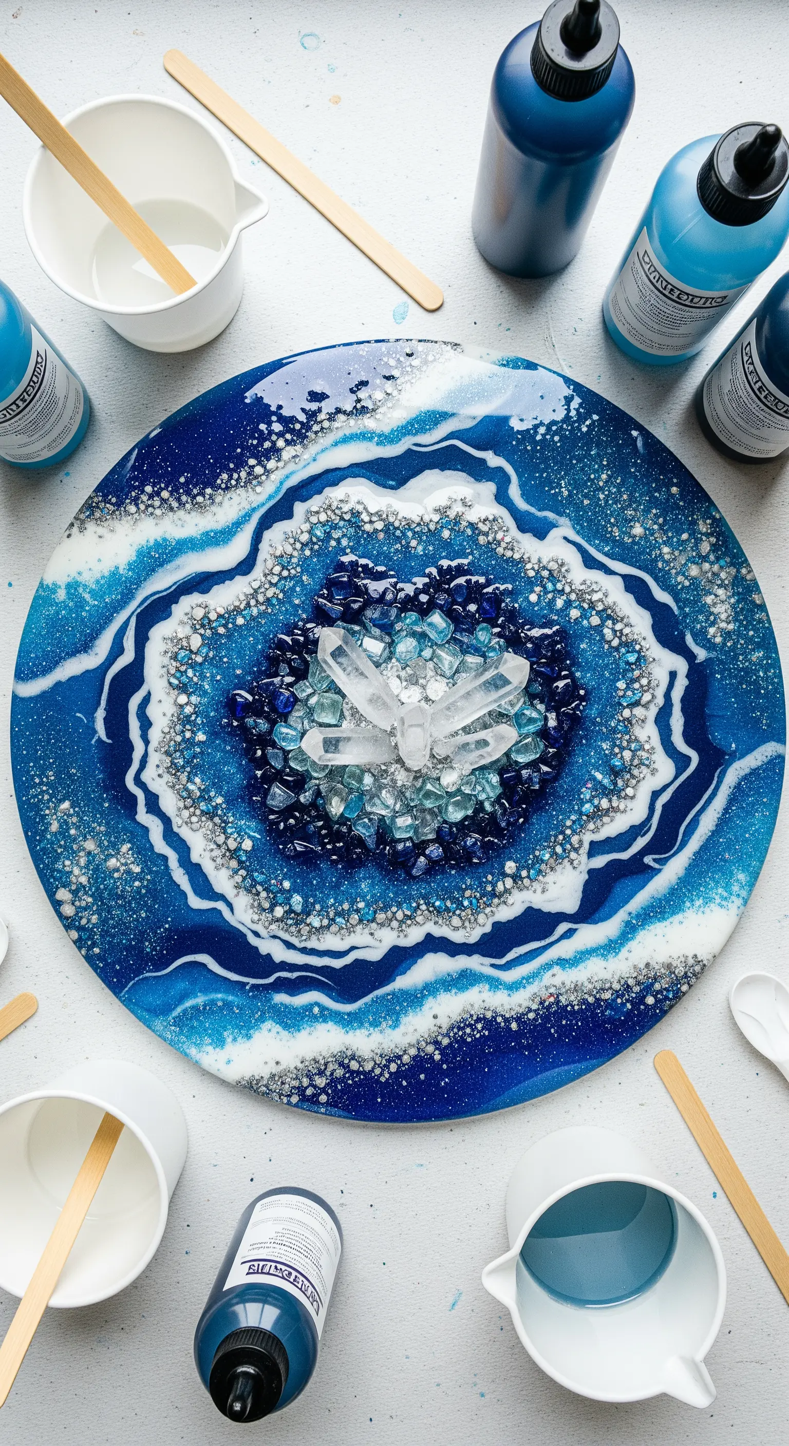 Creazione di un'opera d'arte circolare in resina blu e bianca, con cristalli e vetri al centro.