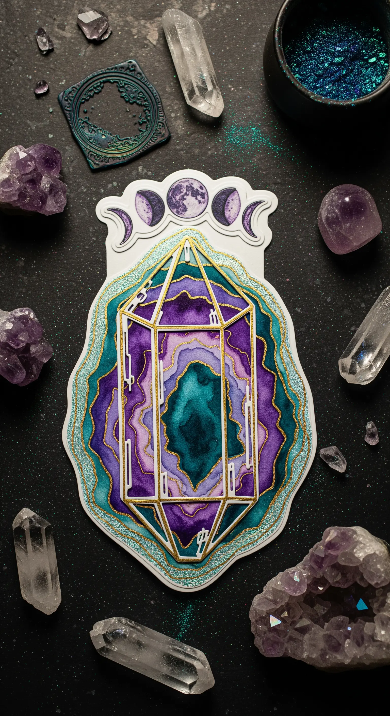 Invito a forma di geode con strati di acquerello viola e verde, contorni dorati e glitter.