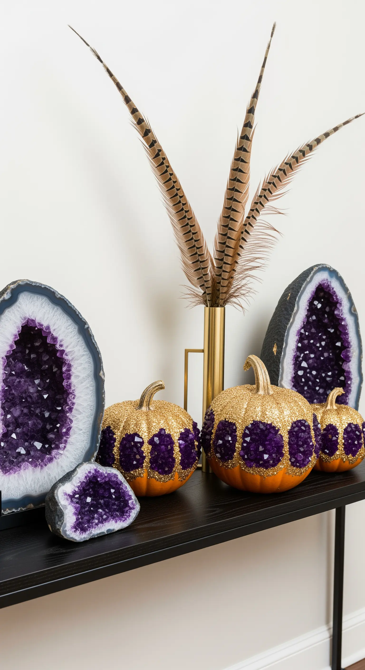 Decorazioni con geodi di ametista e zucche decorate con glitter viola e oro.