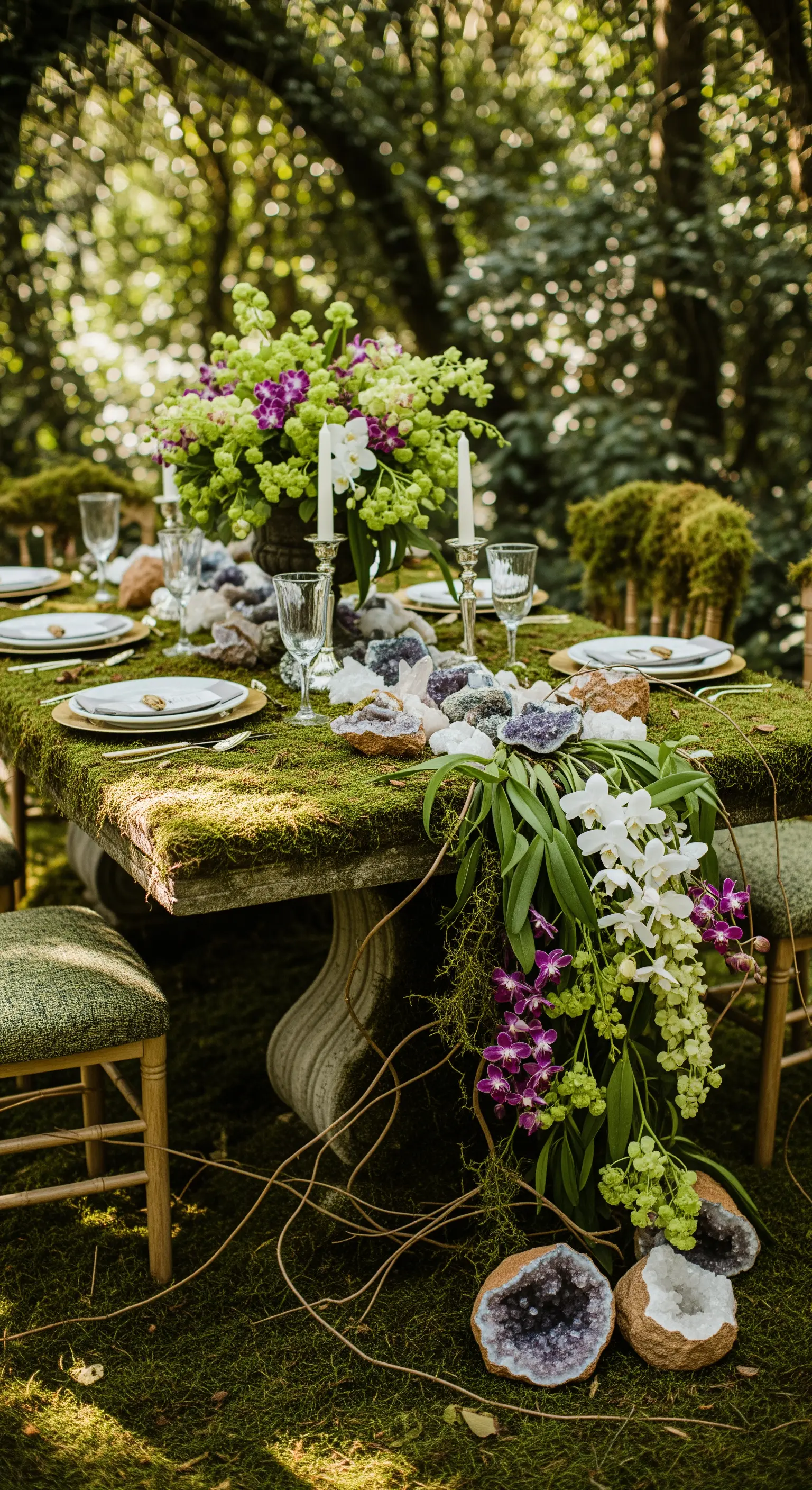 Tavolo interamente ricoperto di muschio e decorato con grandi geodi di ametista e orchidee.