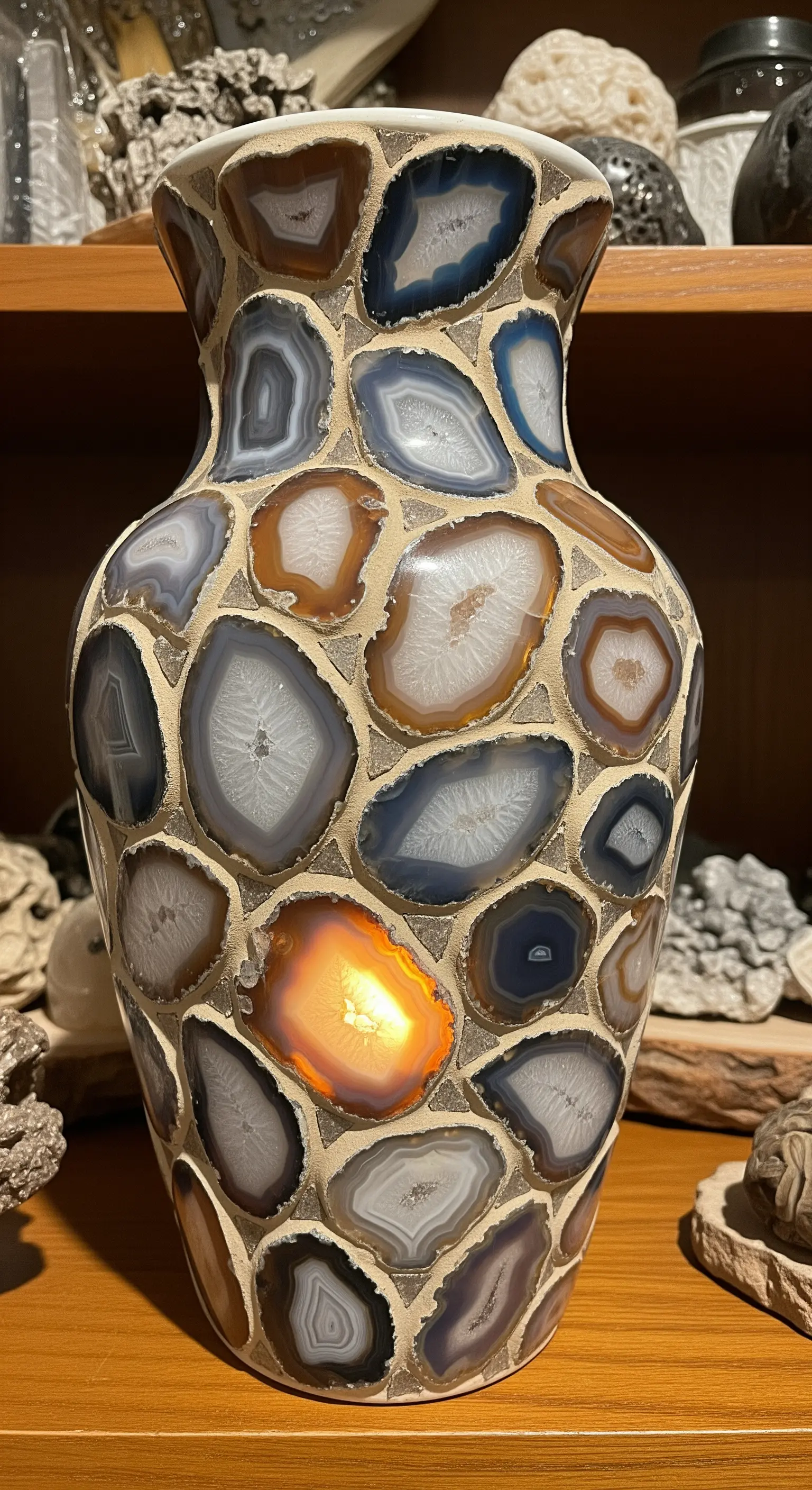 Vaso decorato con un mosaico di fette di agata di diversi colori, una delle quali è illuminata dall'interno.