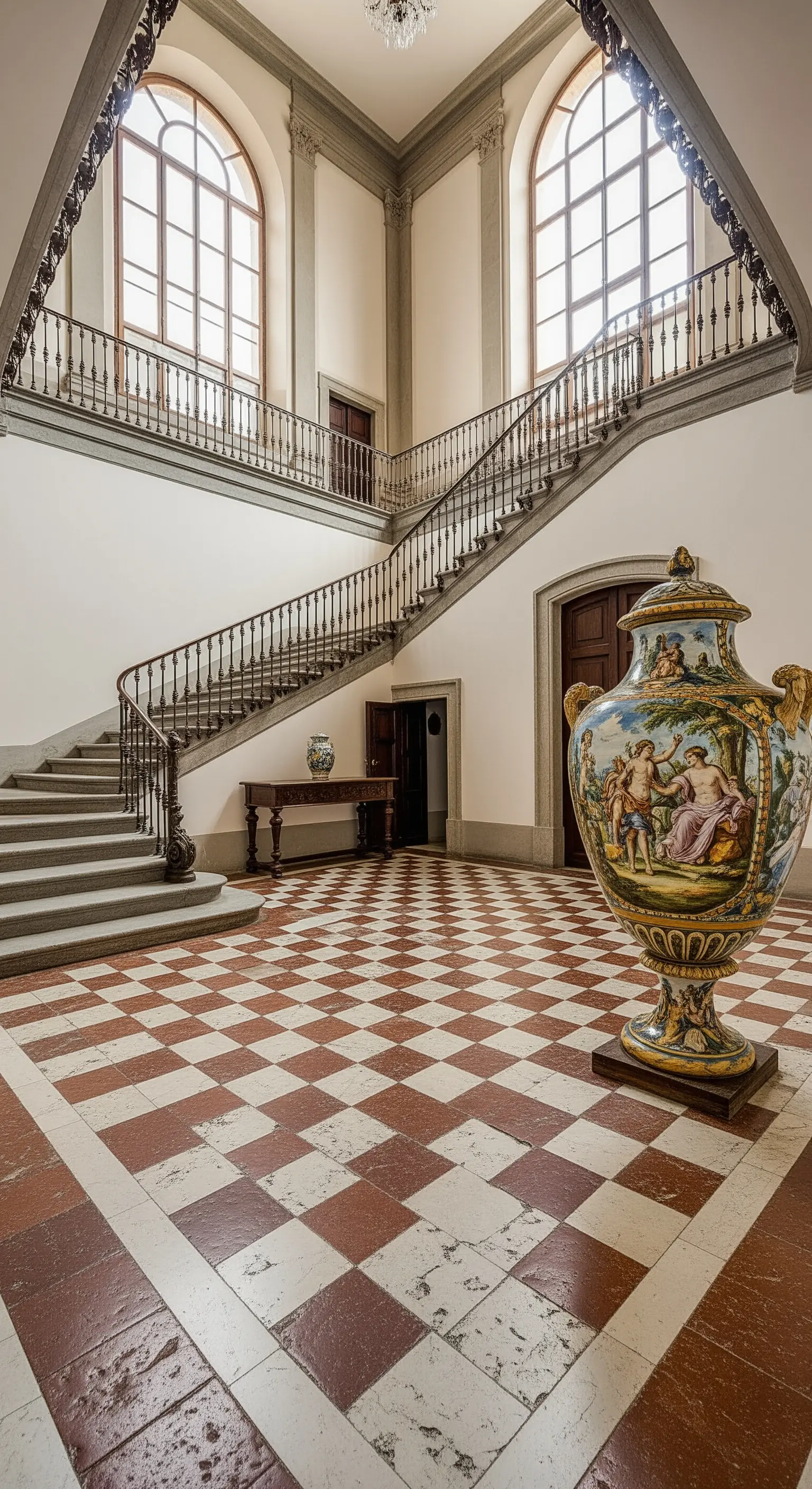 Atrio maestoso con pavimento a scacchiera in cotto e marmo e un grande vaso decorato.
