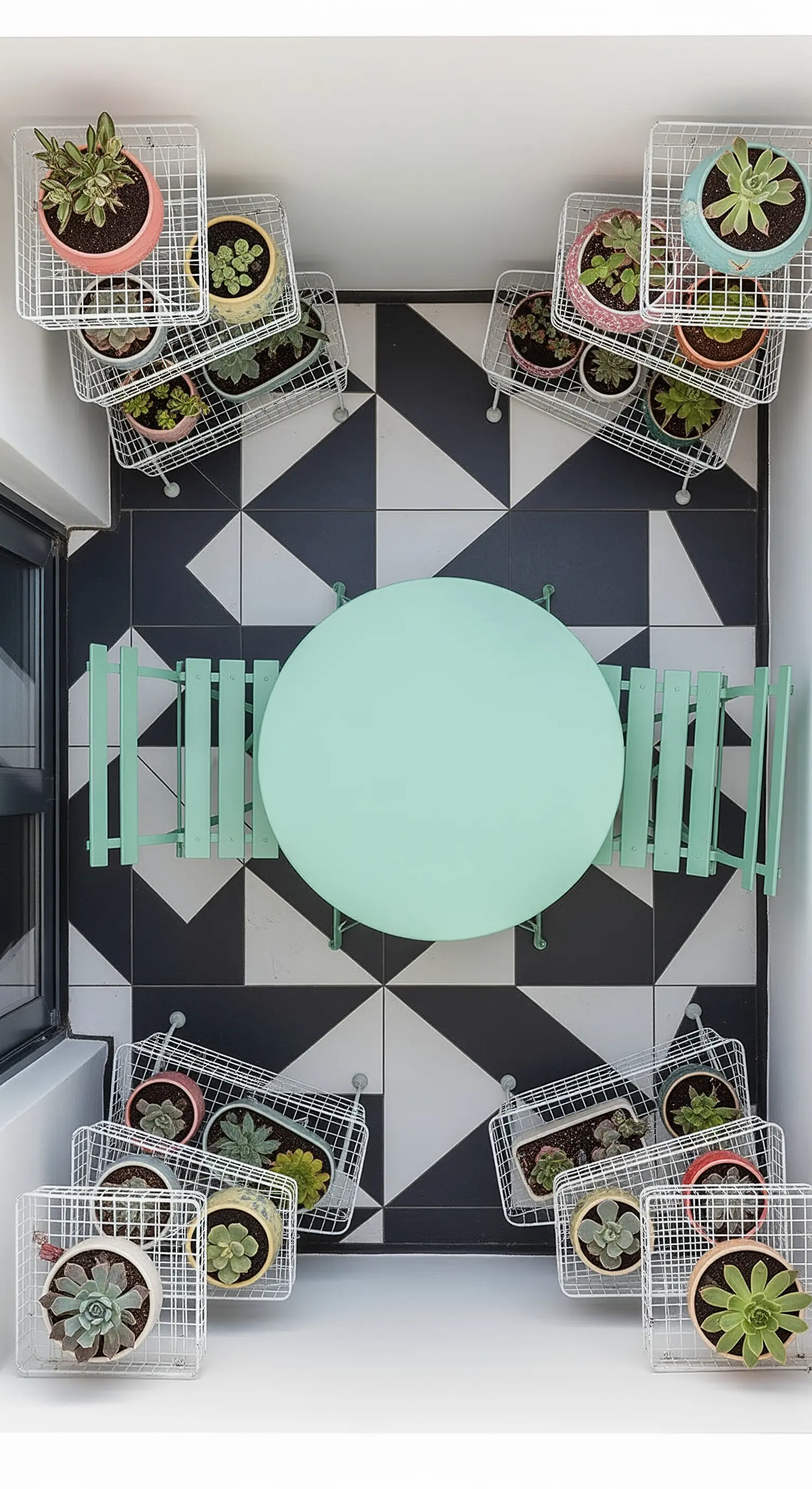 Vista dall'alto di un balcone con piastrelle geometriche bianche e nere e arredi color menta.